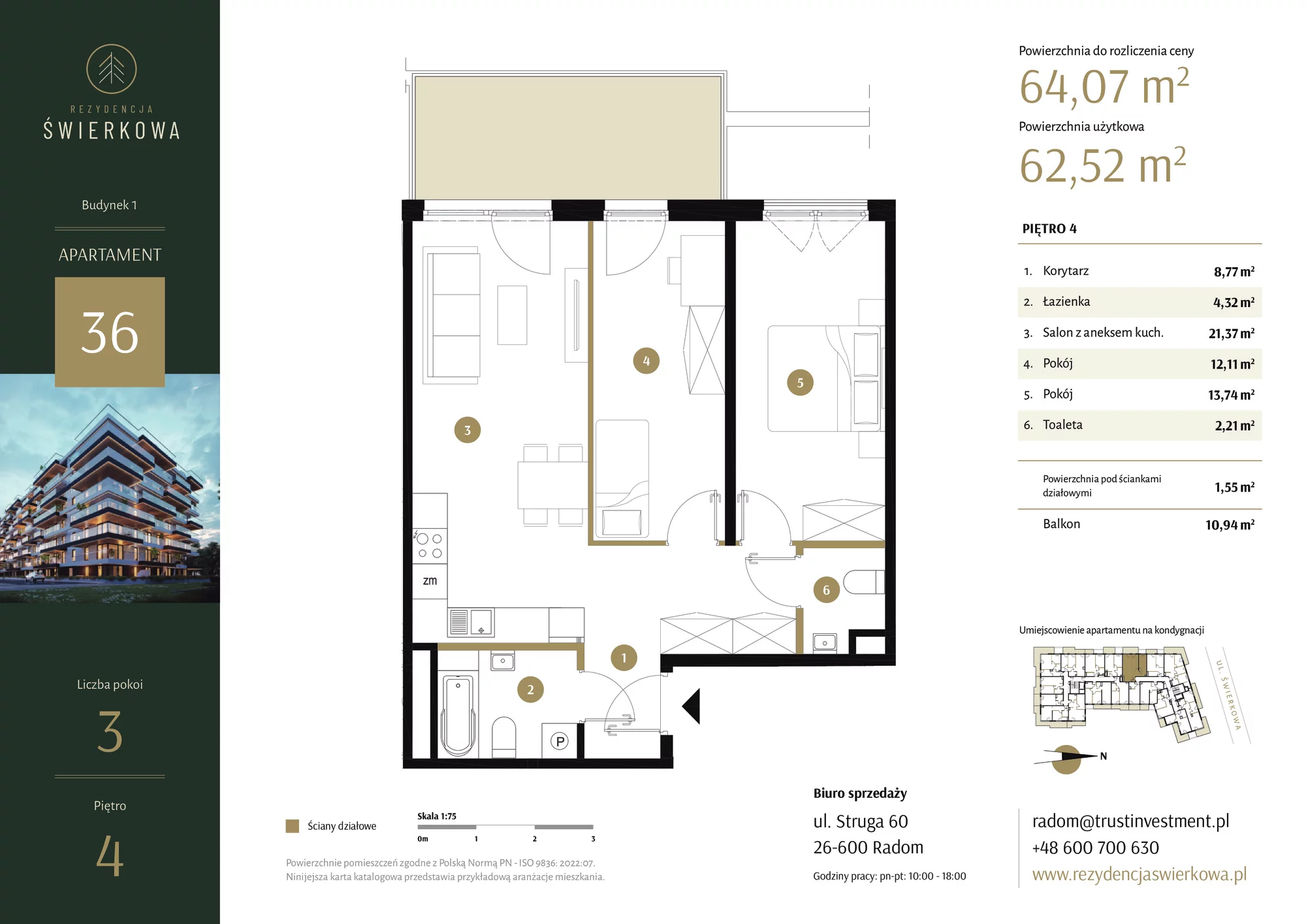 Mieszkanie 64,07 m², piętro 4, oferta nr 36, Rezydencja Świerkowa, Radom, Idalin, ul. Świerkowa 47-idx