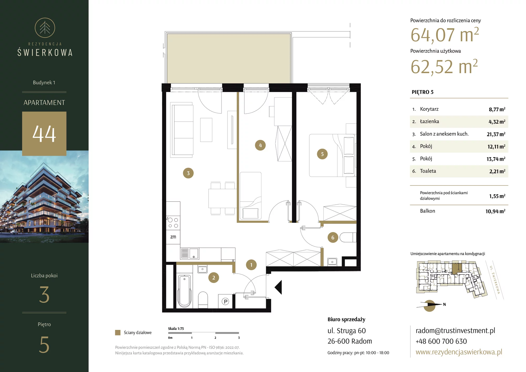 3 pokoje, mieszkanie 64,07 m², piętro 5, oferta nr 44, Rezydencja Świerkowa, Radom, Idalin, ul. Świerkowa 47