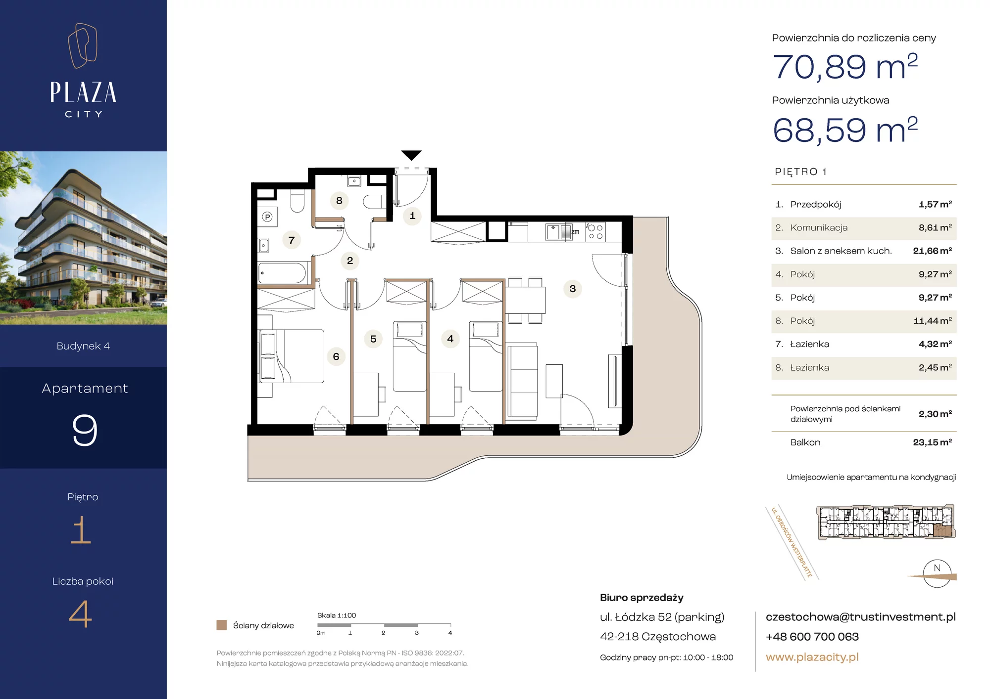 Mieszkanie 70,89 m², piętro 1, oferta nr B4M9, Plaza City, Częstochowa, Częstochówka-Parkitka, ul. Łódzka-idx