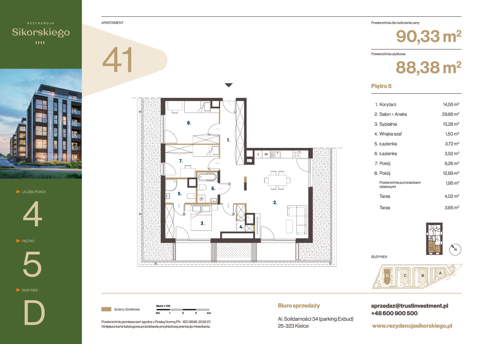Mieszkanie 90,33 m², piętro 5, oferta nr D41, Rezydencja Sikorskiego, Kielce, Na Stoku, ul. Sikorskiego