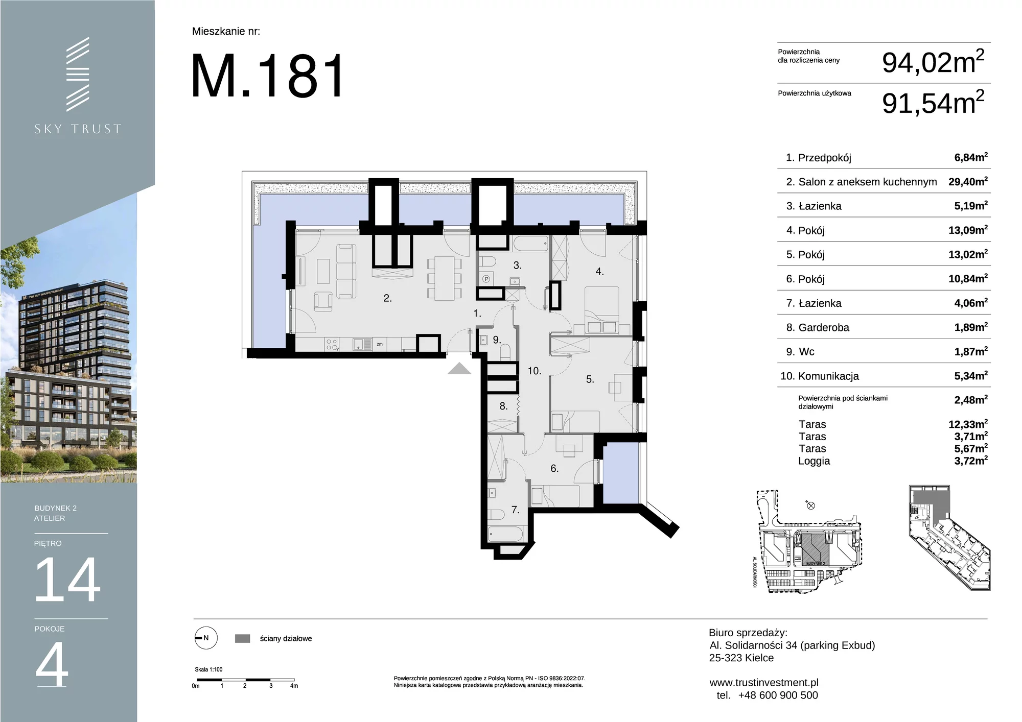 Mieszkanie 94,02 m², piętro 14, oferta nr M181, Sky Trust II , Kielce, Bocianek, al. Solidarności / ul. Świętokrzyska