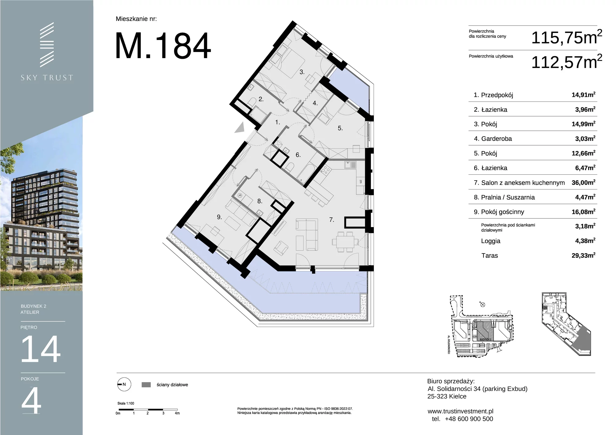 Mieszkanie 115,75 m², piętro 14, oferta nr M184, Sky Trust II , Kielce, Bocianek, al. Solidarności / ul. Świętokrzyska-idx