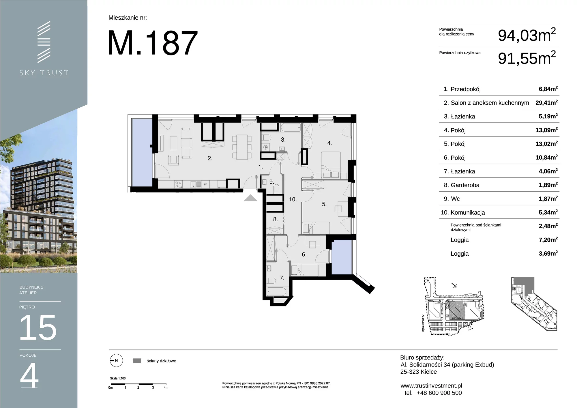 Mieszkanie 94,03 m², piętro 15, oferta nr M187, Sky Trust II , Kielce, Bocianek, al. Solidarności / ul. Świętokrzyska