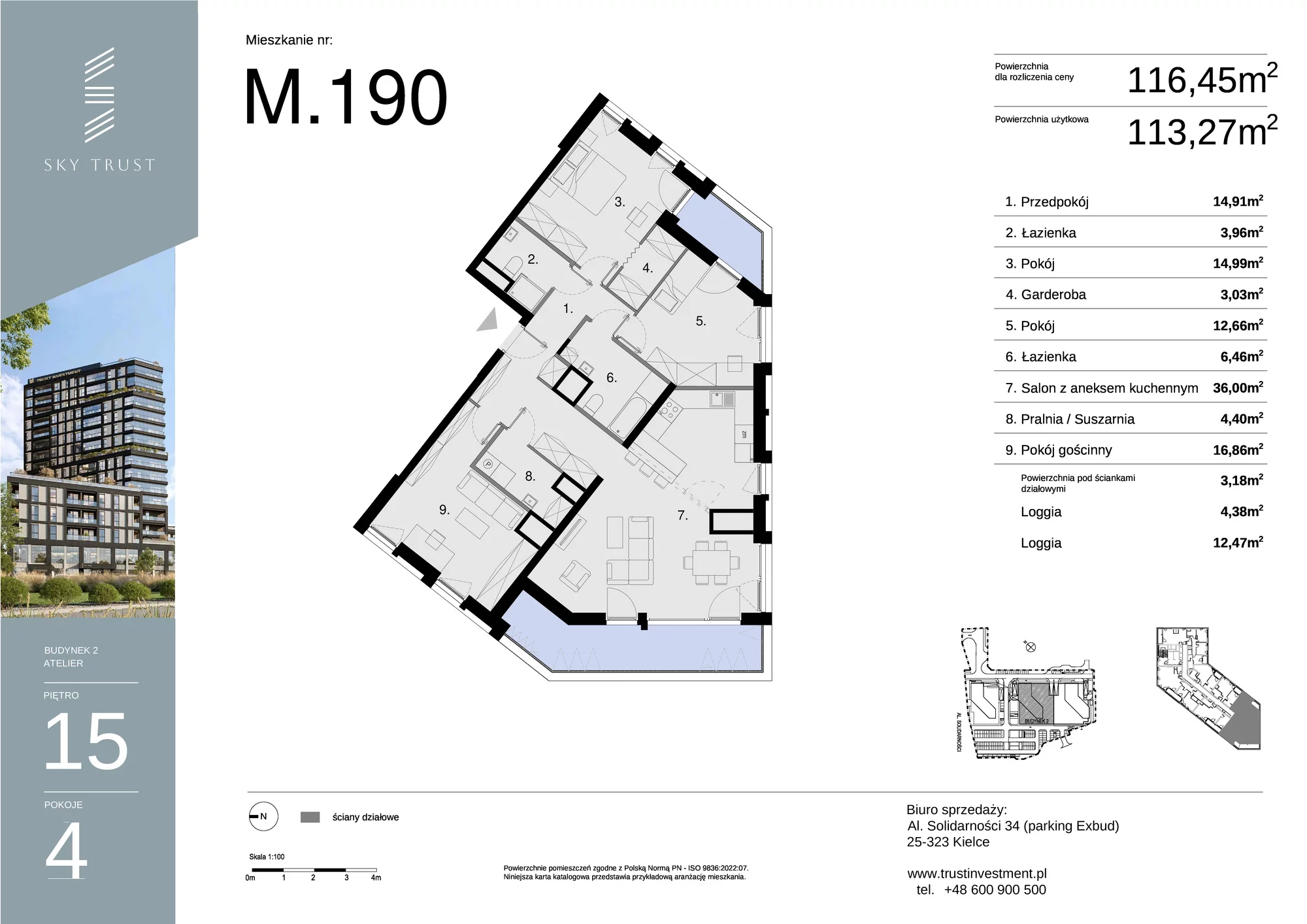 Mieszkanie 116,45 m², piętro 15, oferta nr M190, Sky Trust II , Kielce, Bocianek, al. Solidarności / ul. Świętokrzyska