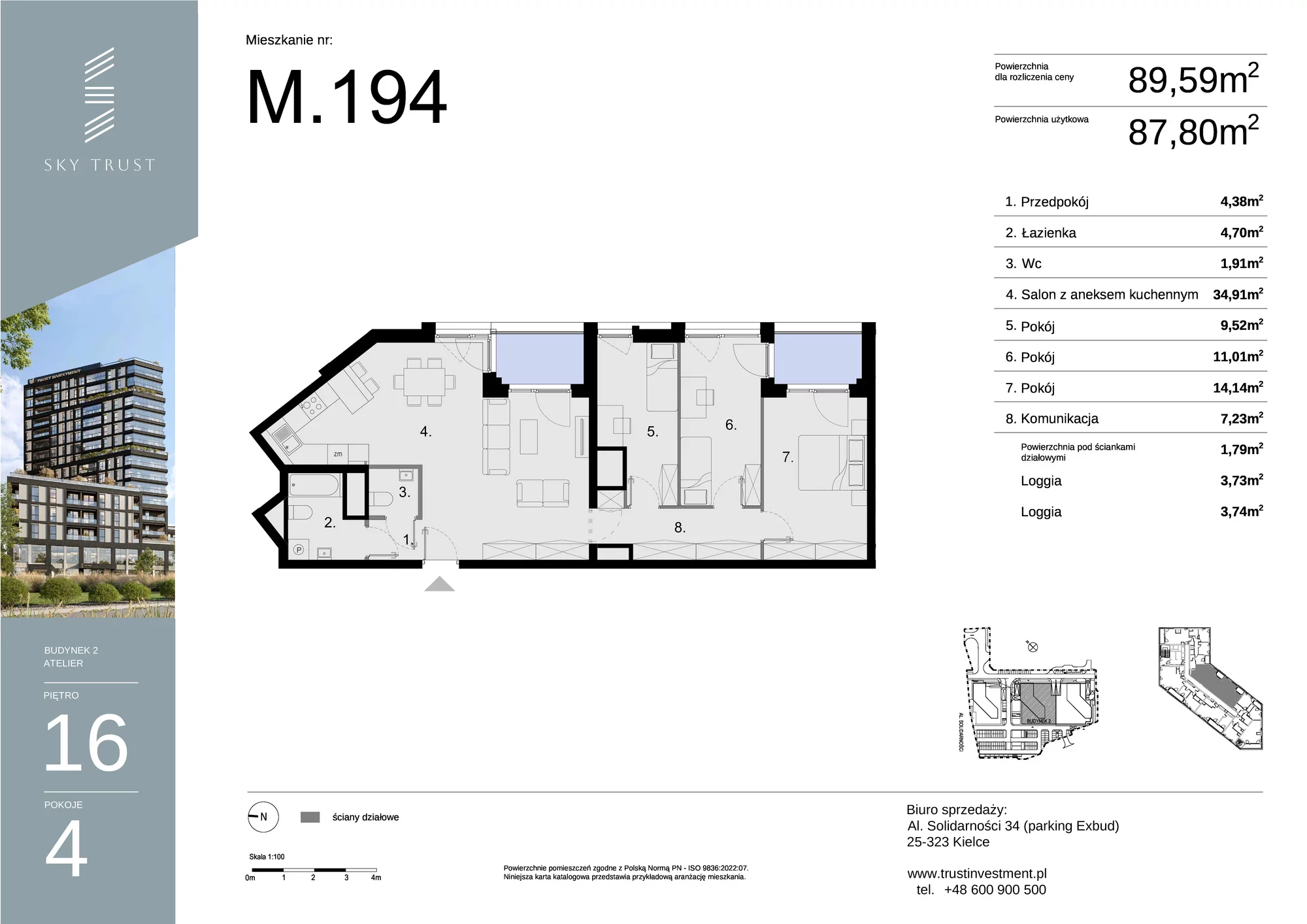 Mieszkanie 89,59 m², piętro 16, oferta nr M194, Sky Trust II , Kielce, Bocianek, al. Solidarności / ul. Świętokrzyska