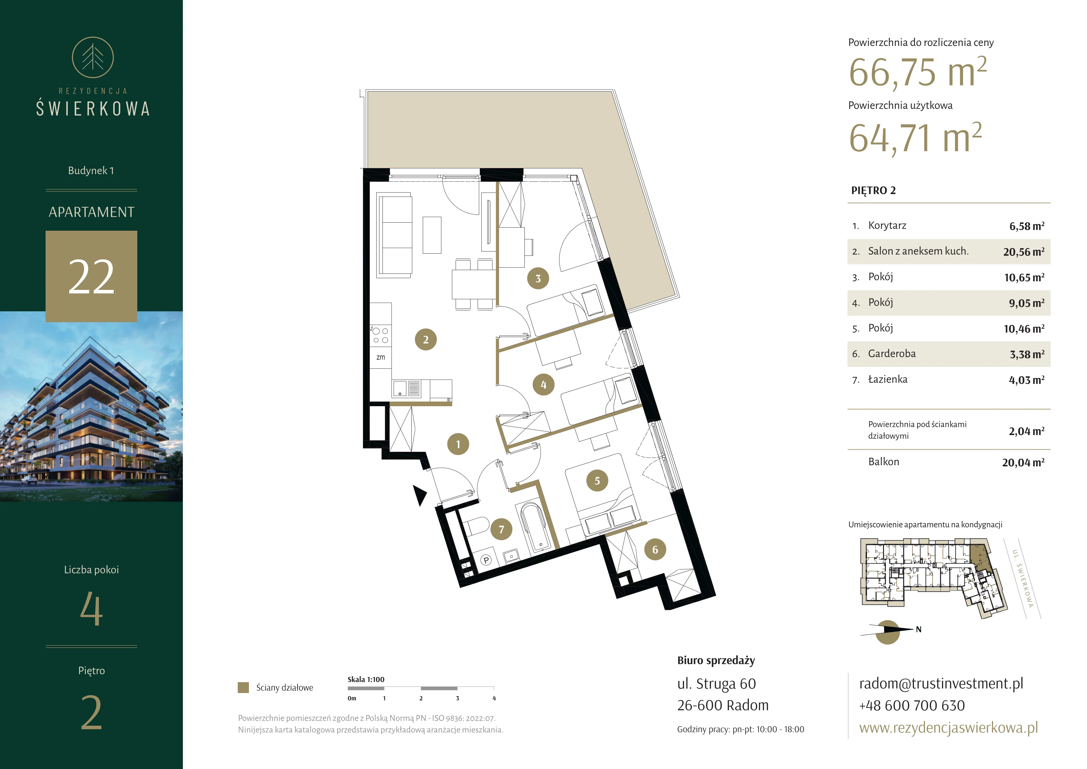 4 pokoje, mieszkanie 66,75 m², piętro 2, oferta nr 22, Rezydencja Świerkowa, Radom, Idalin, ul. Świerkowa 47