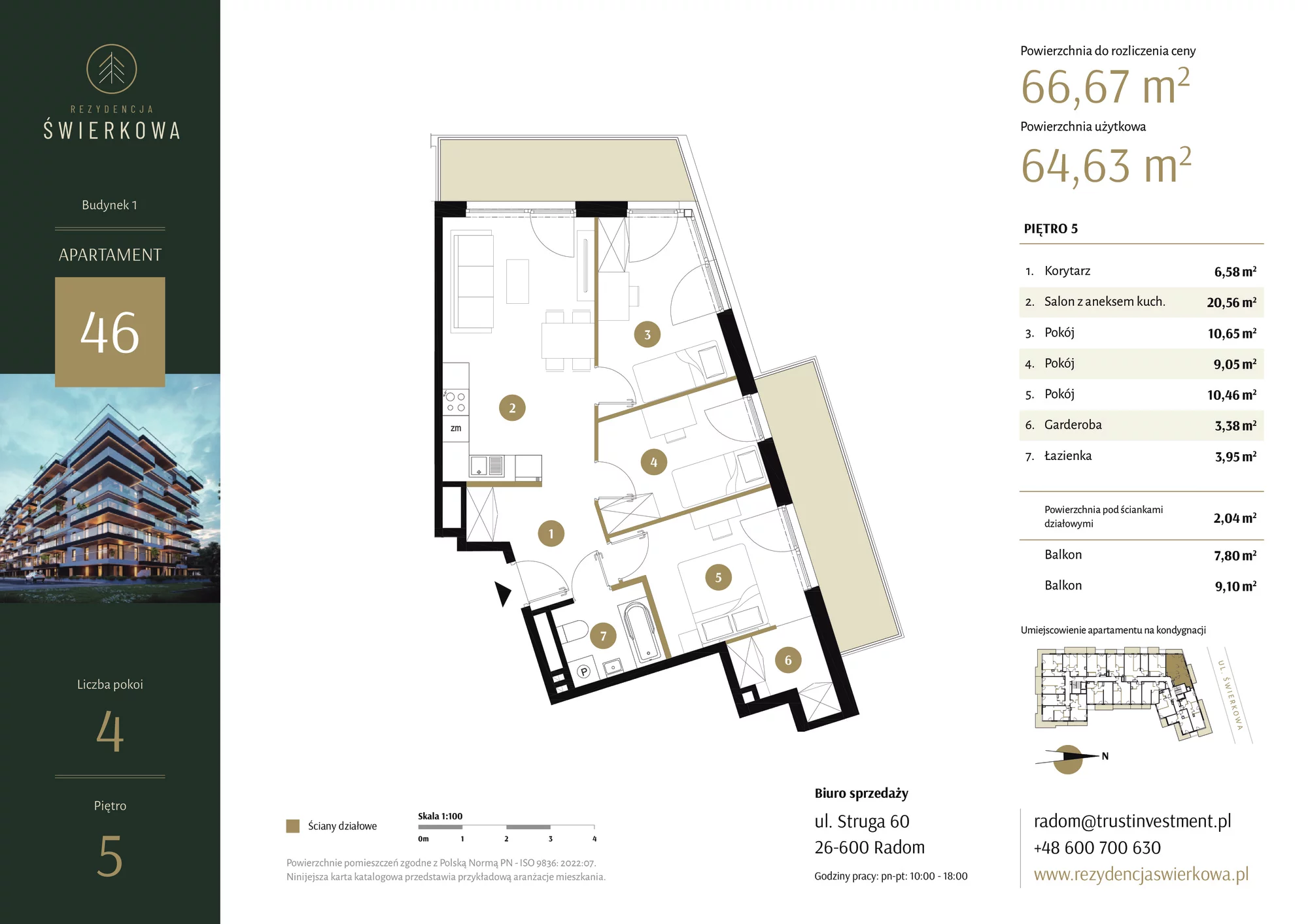 Mieszkanie 66,67 m², piętro 5, oferta nr 46, Rezydencja Świerkowa, Radom, Idalin, ul. Świerkowa 47