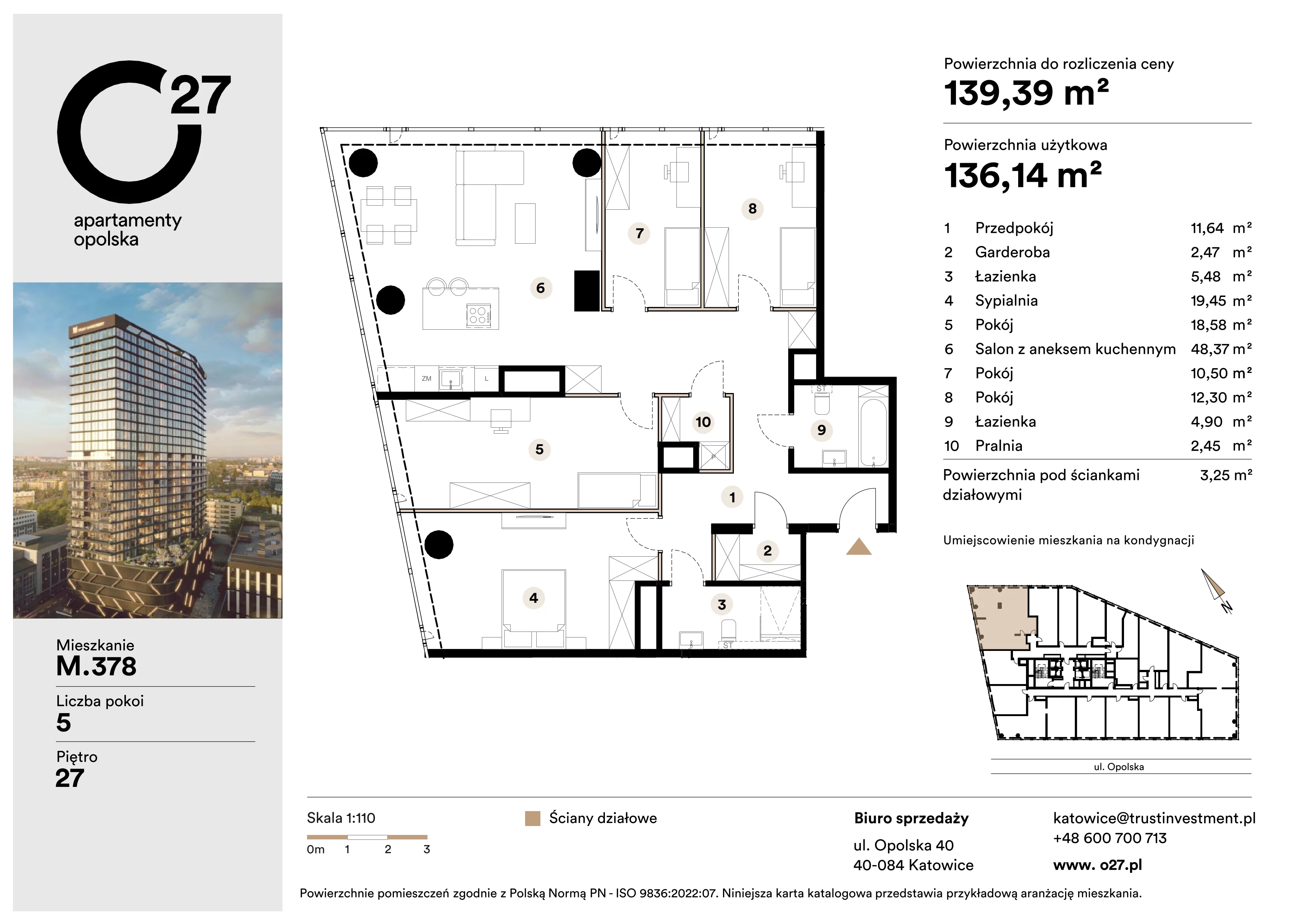 5 pokoi, apartament 139,39 m², piętro 27, oferta nr M.378, O27 Apartamenty Opolska, Katowice, Śródmieście, ul. Opolska 27