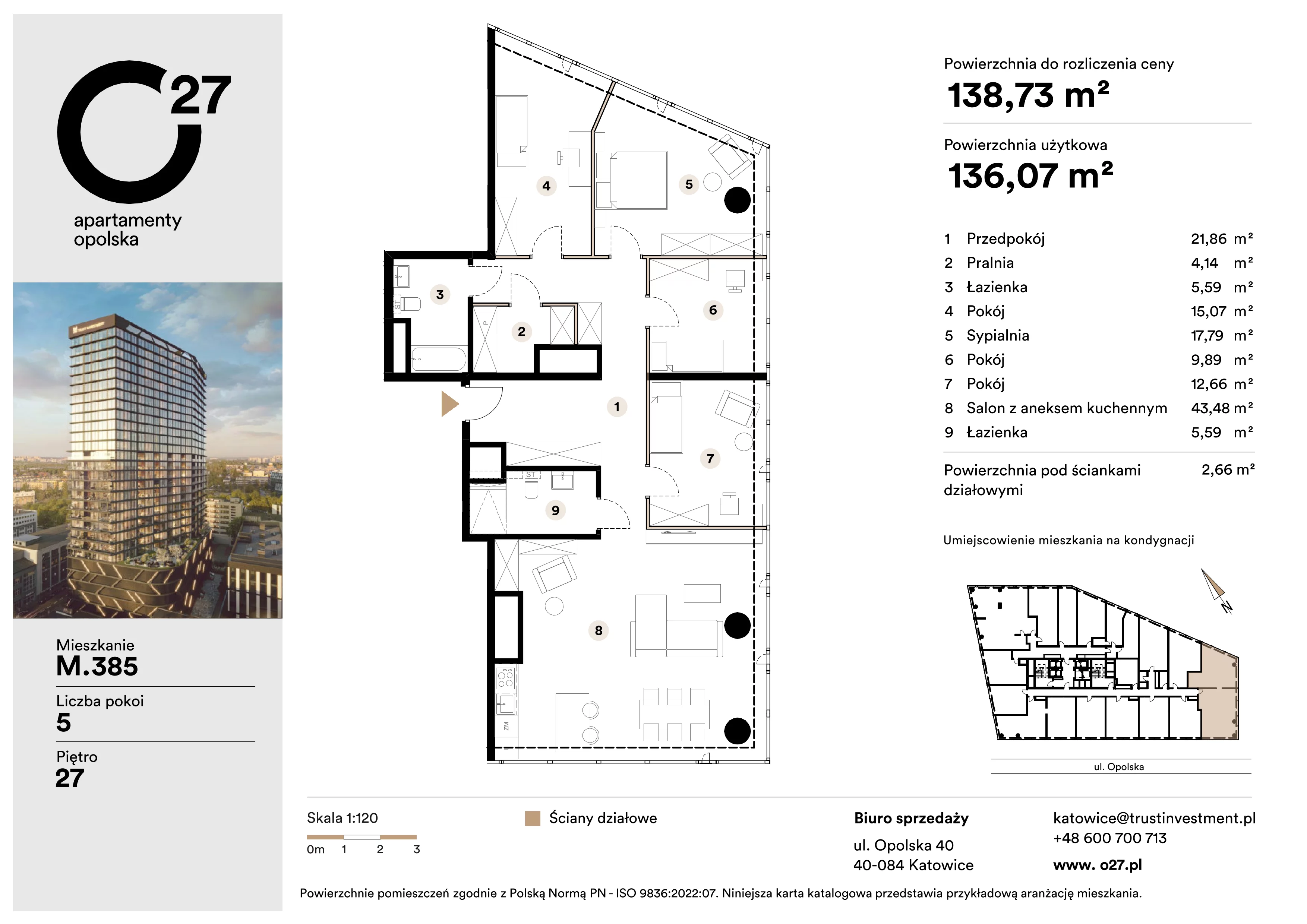 5 pokoi, apartament 138,73 m², piętro 27, oferta nr M.385, O27 Apartamenty Opolska, Katowice, Śródmieście, ul. Opolska 27