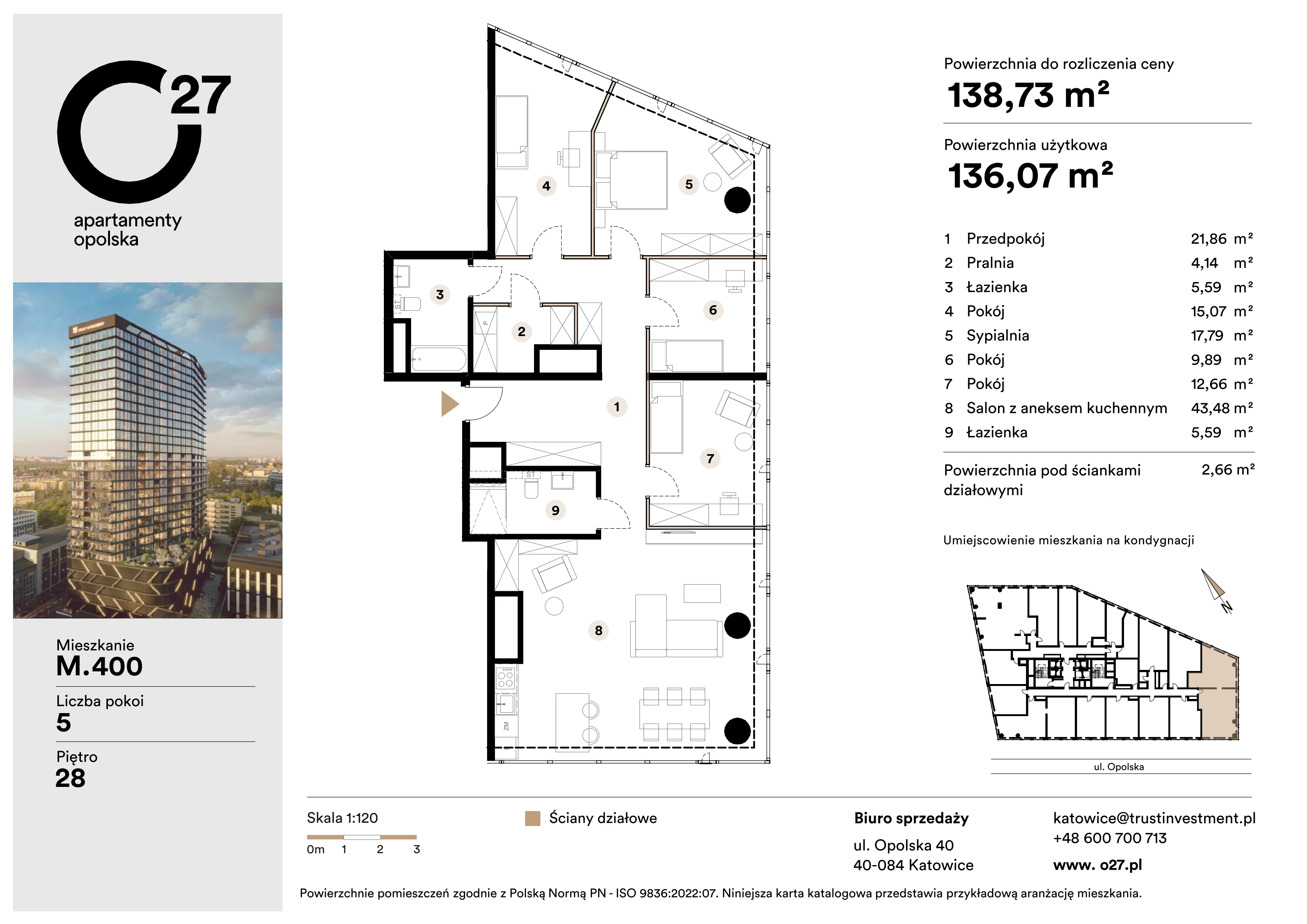 5 pokoi, apartament 138,73 m², piętro 28, oferta nr M.400, O27 Apartamenty Opolska, Katowice, Śródmieście, ul. Opolska 27