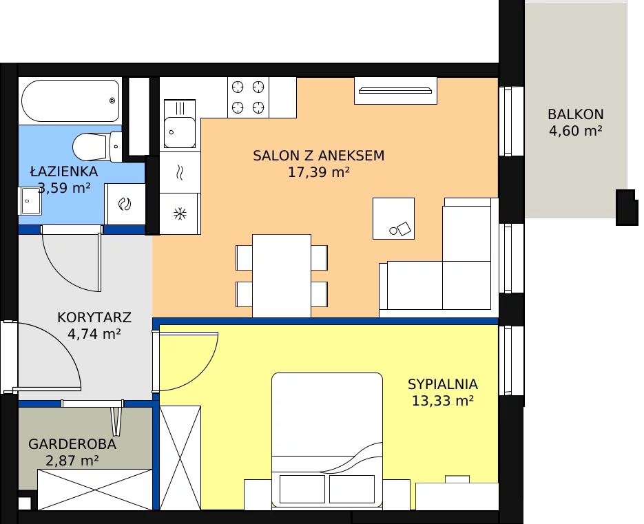 Zalety mieszkania 42.82 m², Budynek 1 Mieszkanie 132