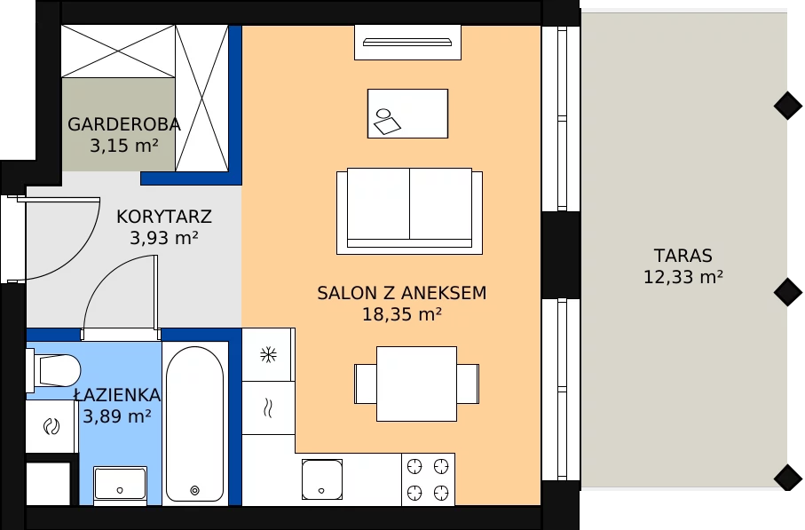 Zalety apartamentu 30.38 m², A.03