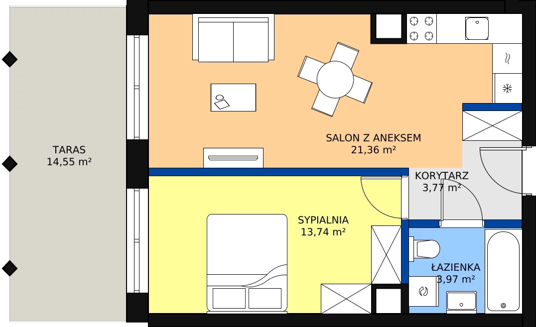 Zalety apartamentu 44.47 m², A.26