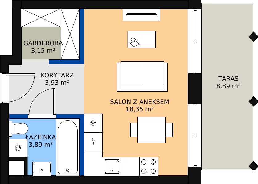 Zalety apartamentu 30.38 m², A.54