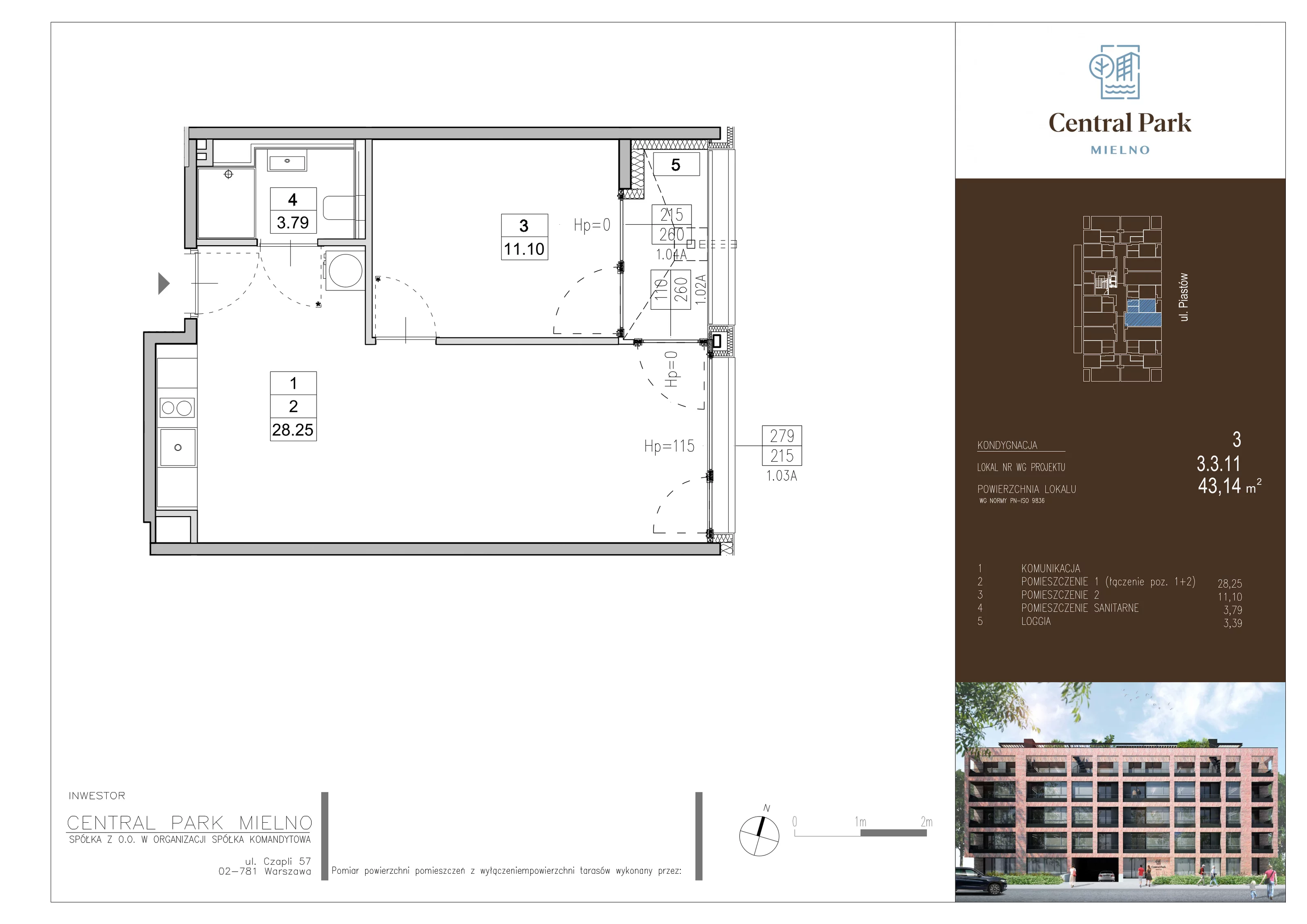 2 pokoje, apartament 43,14 m², piętro 3, oferta nr 3.3.11., Central Park Mielno, Mielno, ul. Piastów 3