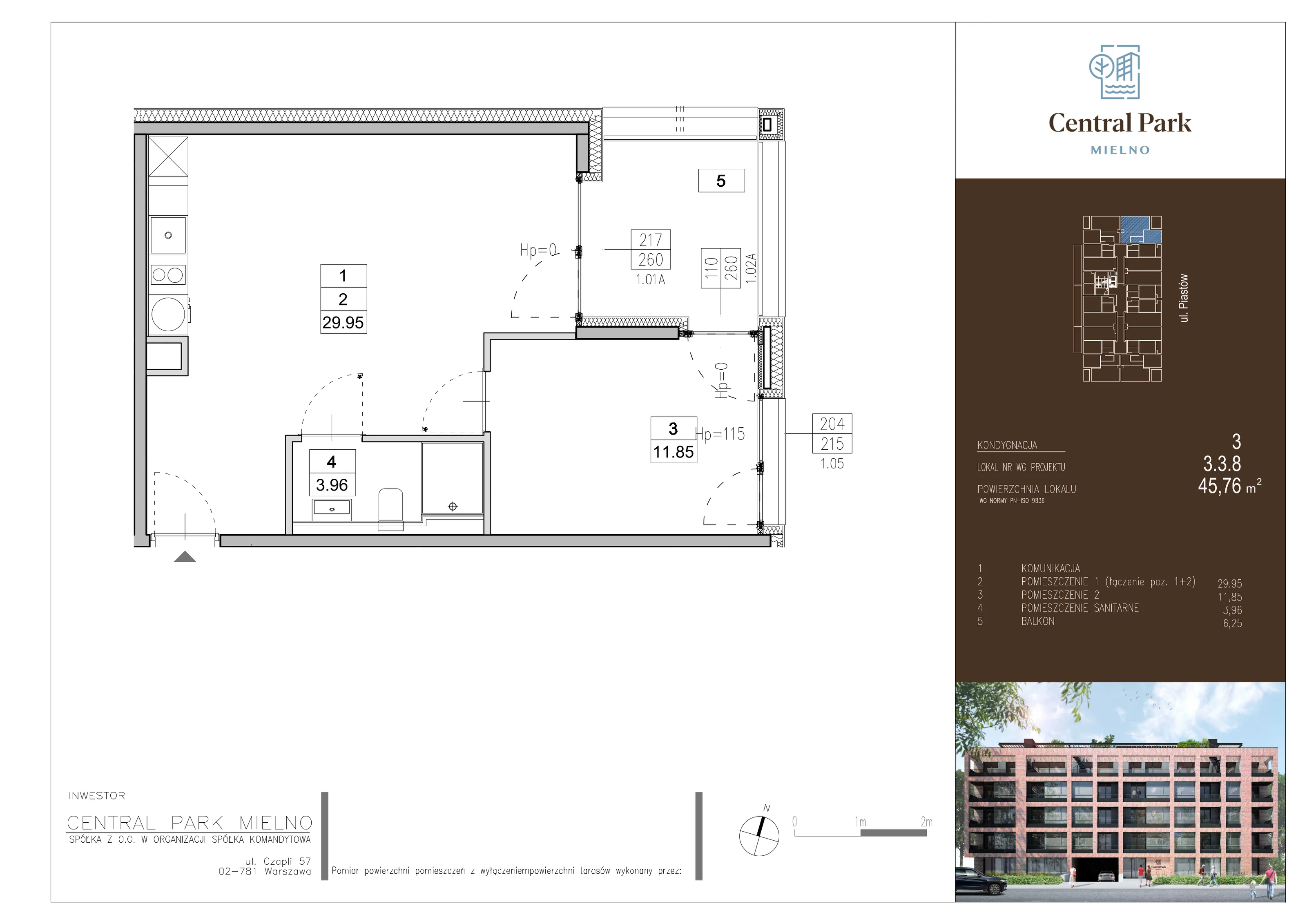 2 pokoje, apartament 45,76 m², piętro 3, oferta nr 3.3.8., Central Park Mielno, Mielno, ul. Piastów 3