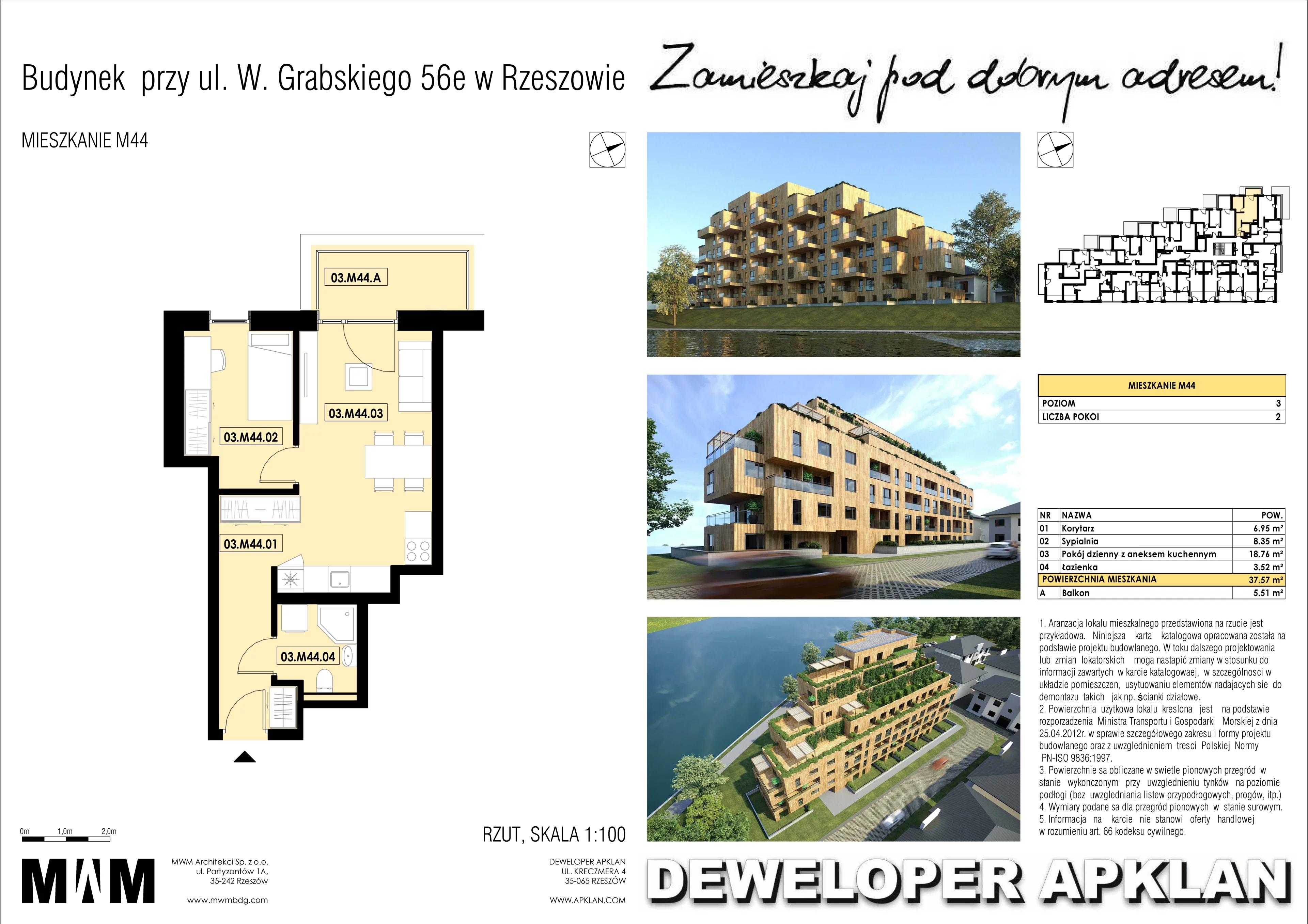 2 pokoje, mieszkanie 37,86 m², piętro 3, oferta nr , WOODEN M44, Rzeszów, Drabinianka, Grabskiego 56e