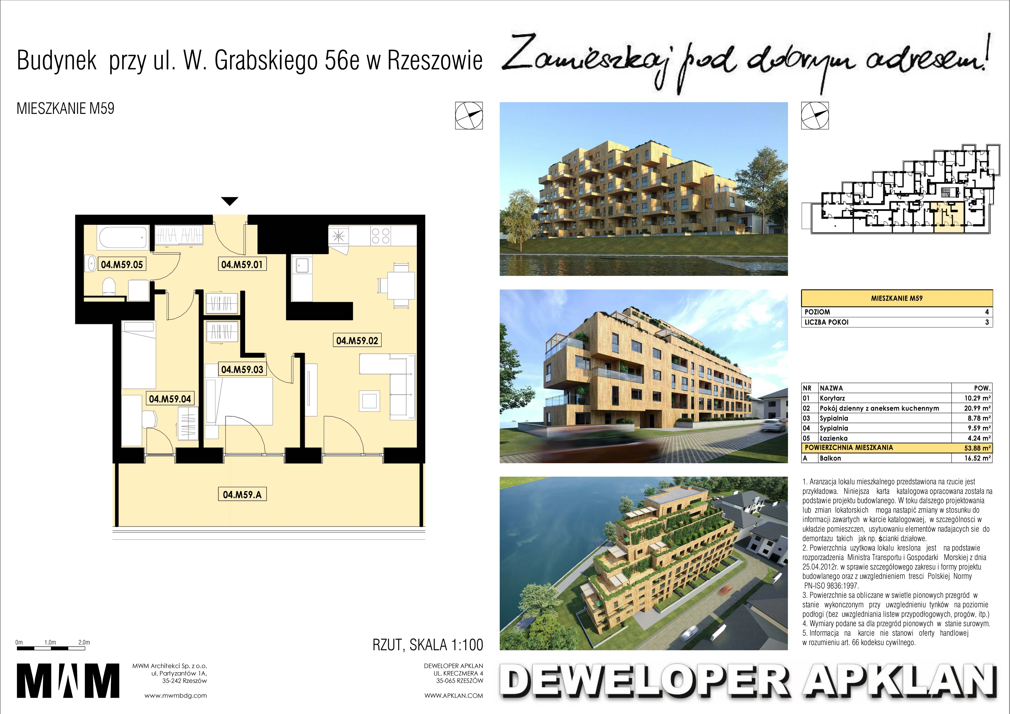 3 pokoje, mieszkanie 54,60 m², piętro 4, oferta nr , WOODEN M59, Rzeszów, Drabinianka, Grabskiego 56e