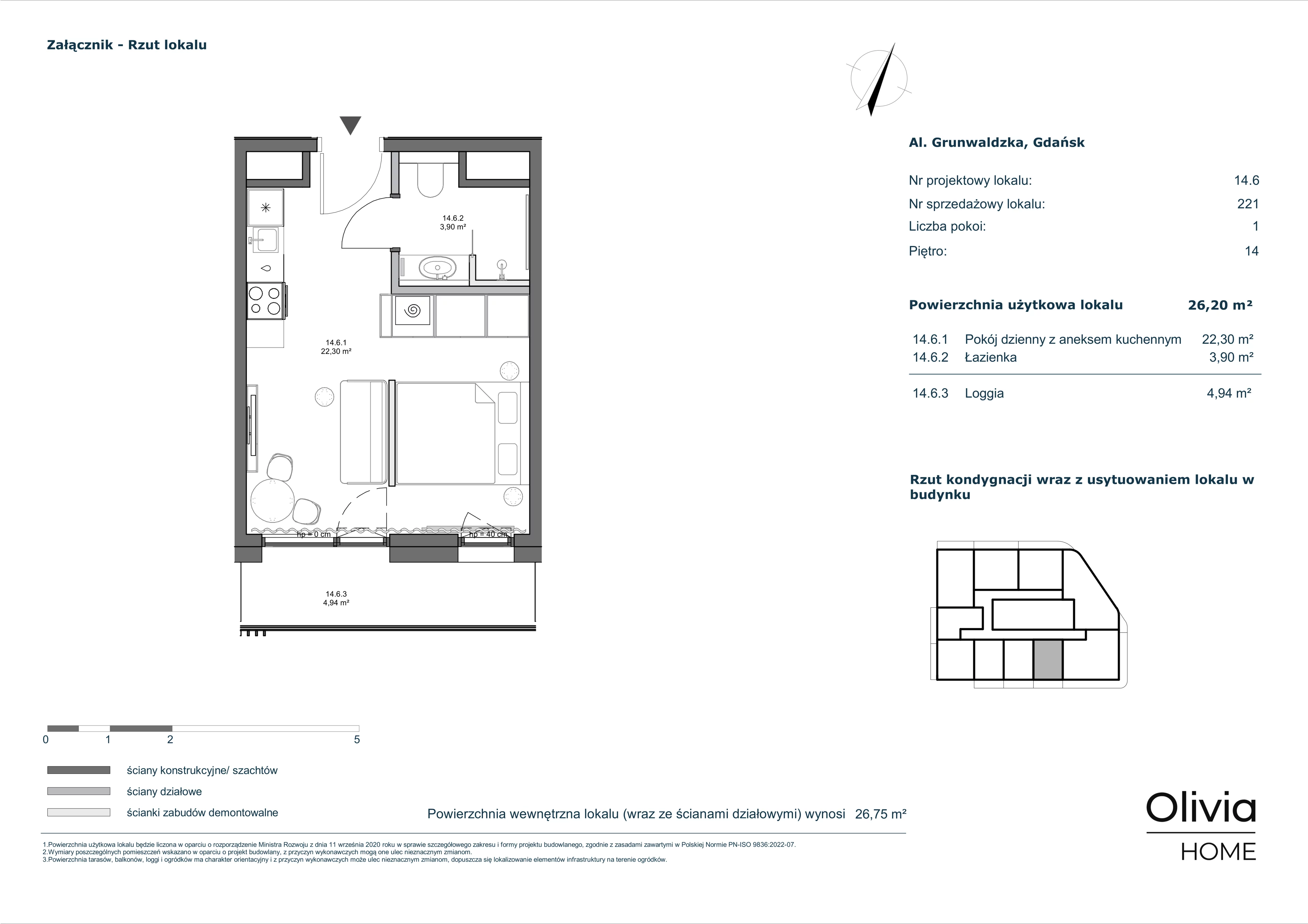 1 pokój, mieszkanie 26,20 m², piętro 14, oferta nr 14.6, Olivia Pulse, Gdańsk, Oliwa, ul. Grunwaldzka