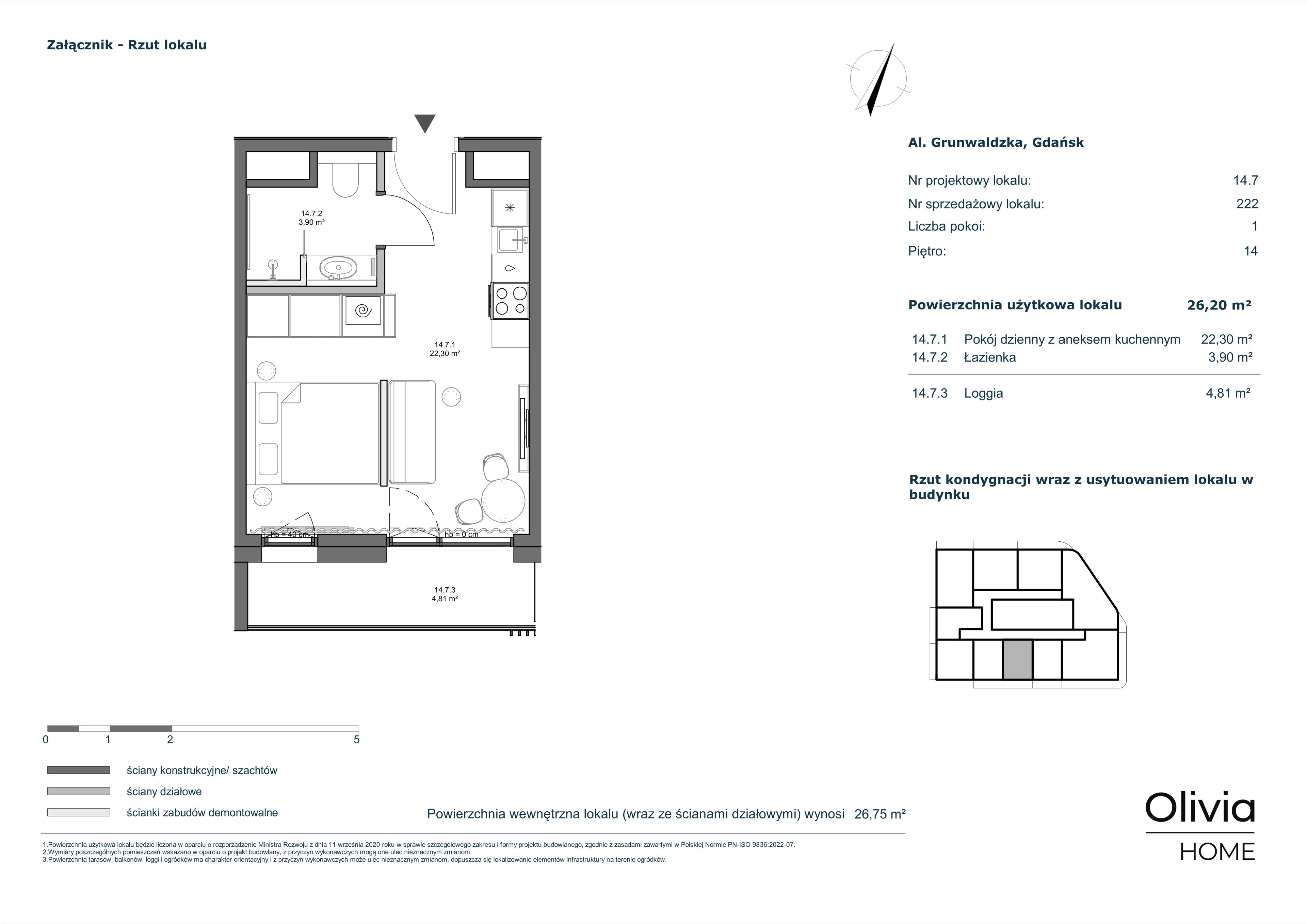 1 pokój, mieszkanie 26,20 m², piętro 14, oferta nr 14.7, Olivia Pulse, Gdańsk, Oliwa, ul. Grunwaldzka