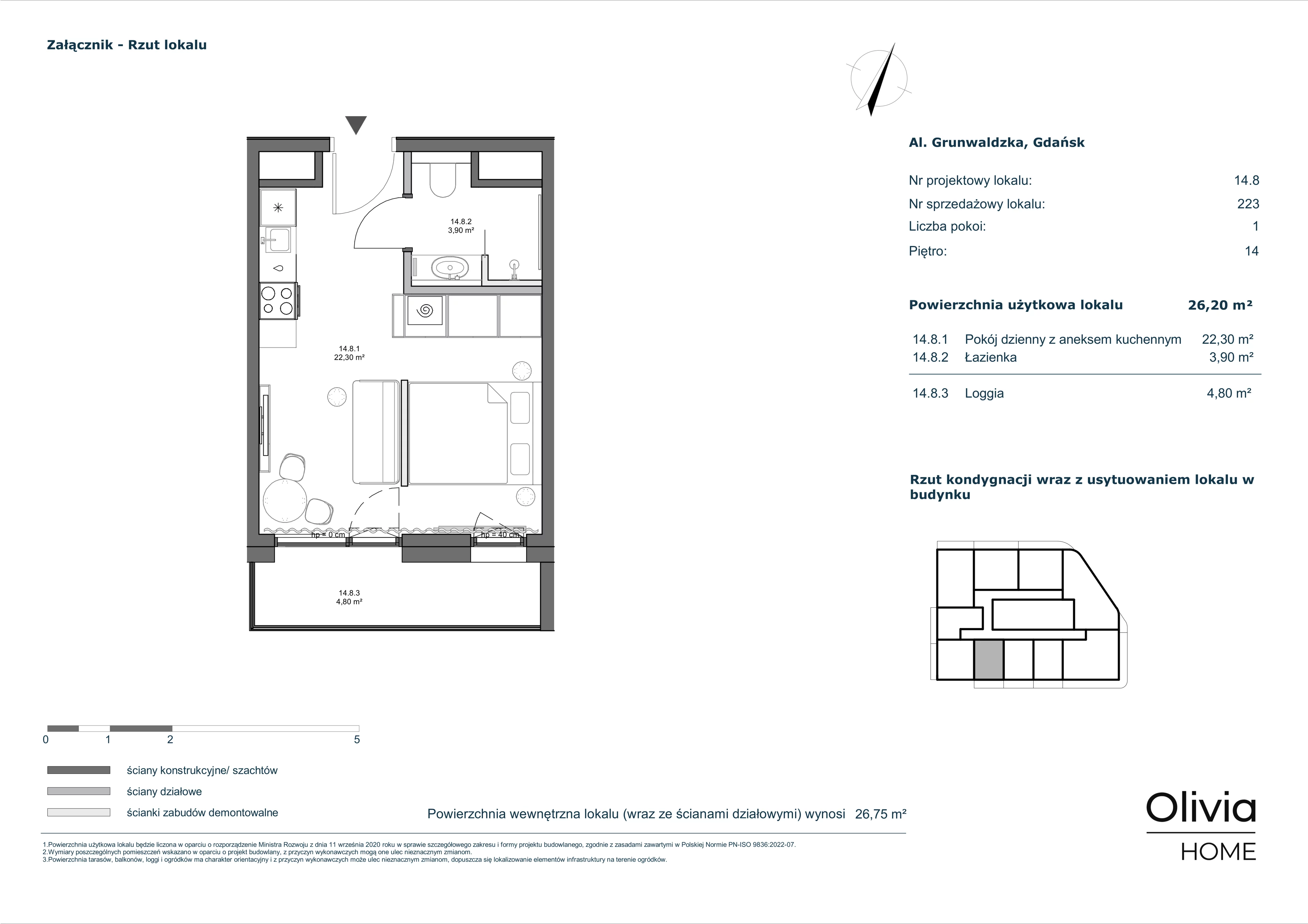 1 pokój, mieszkanie 26,20 m², piętro 14, oferta nr 14.8, Olivia Pulse, Gdańsk, Oliwa, ul. Grunwaldzka