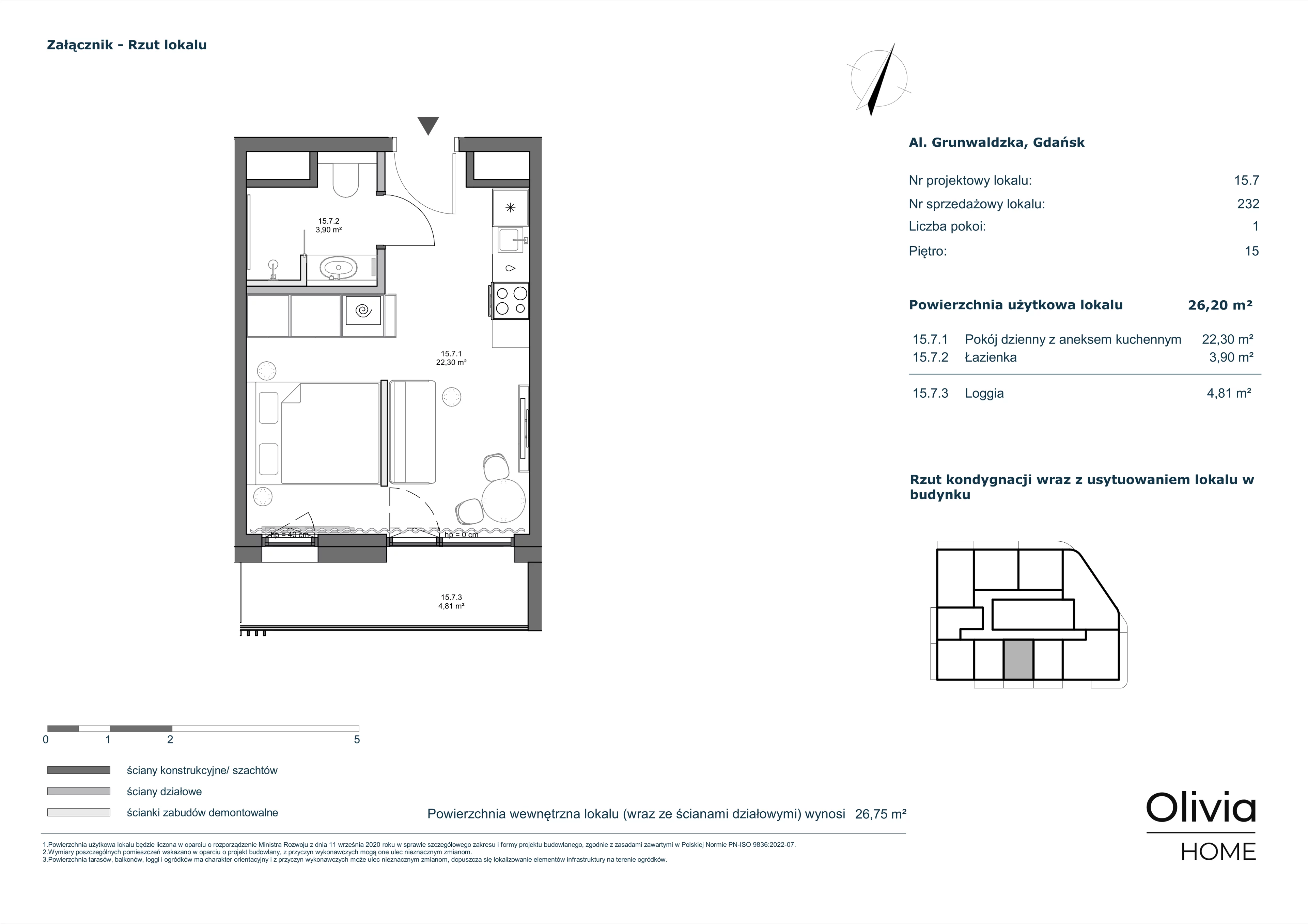 1 pokój, mieszkanie 26,20 m², piętro 15, oferta nr 15.7, Olivia Pulse, Gdańsk, Oliwa, ul. Grunwaldzka