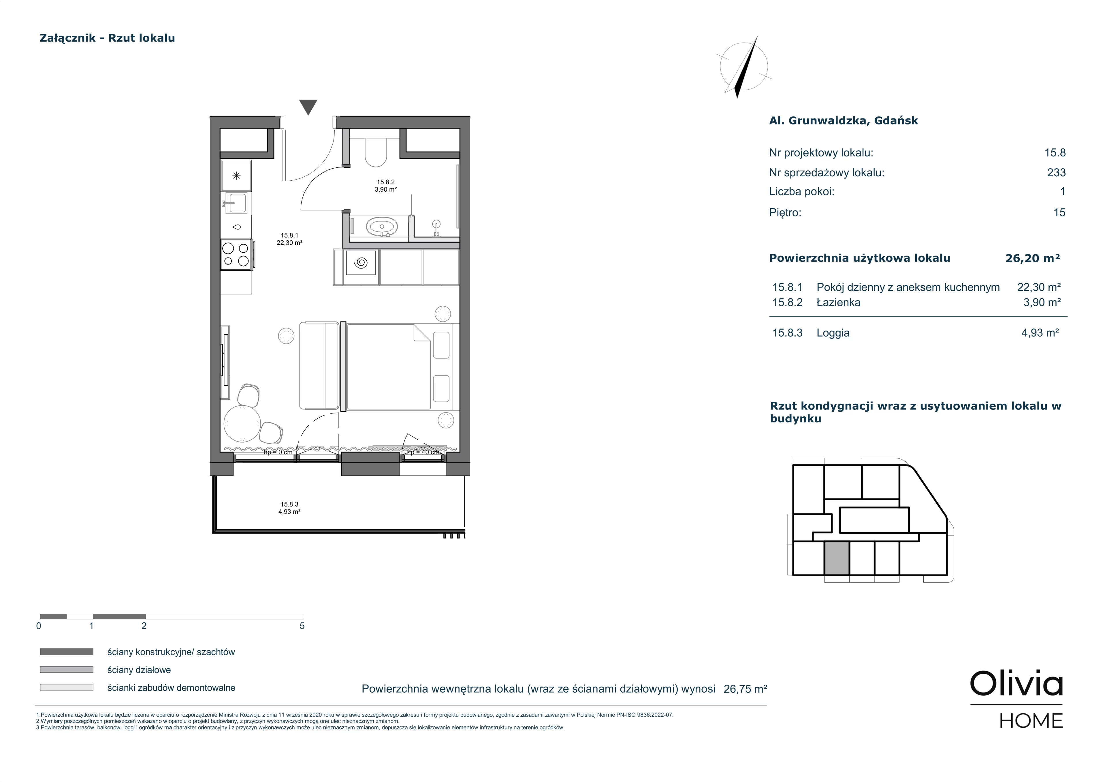 1 pokój, mieszkanie 26,20 m², piętro 15, oferta nr 15.8, Olivia Pulse, Gdańsk, Oliwa, ul. Grunwaldzka