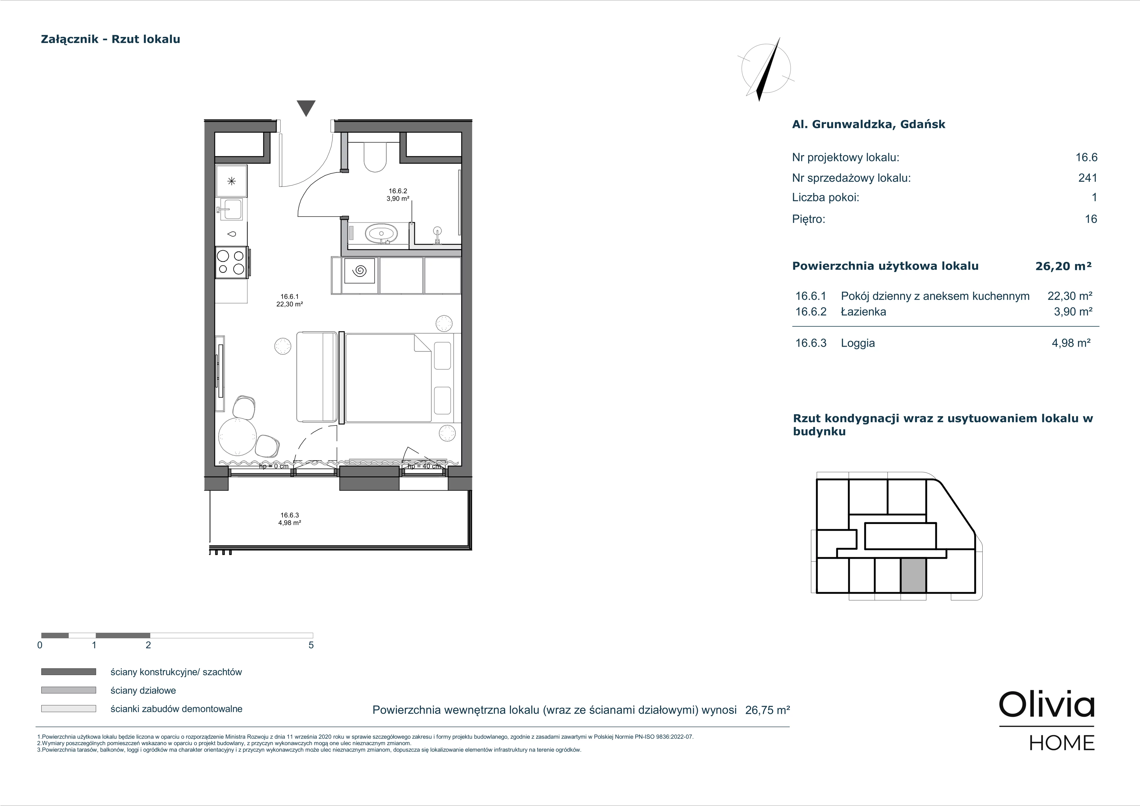 1 pokój, mieszkanie 26,20 m², piętro 16, oferta nr 16.6, Olivia Pulse, Gdańsk, Oliwa, ul. Grunwaldzka