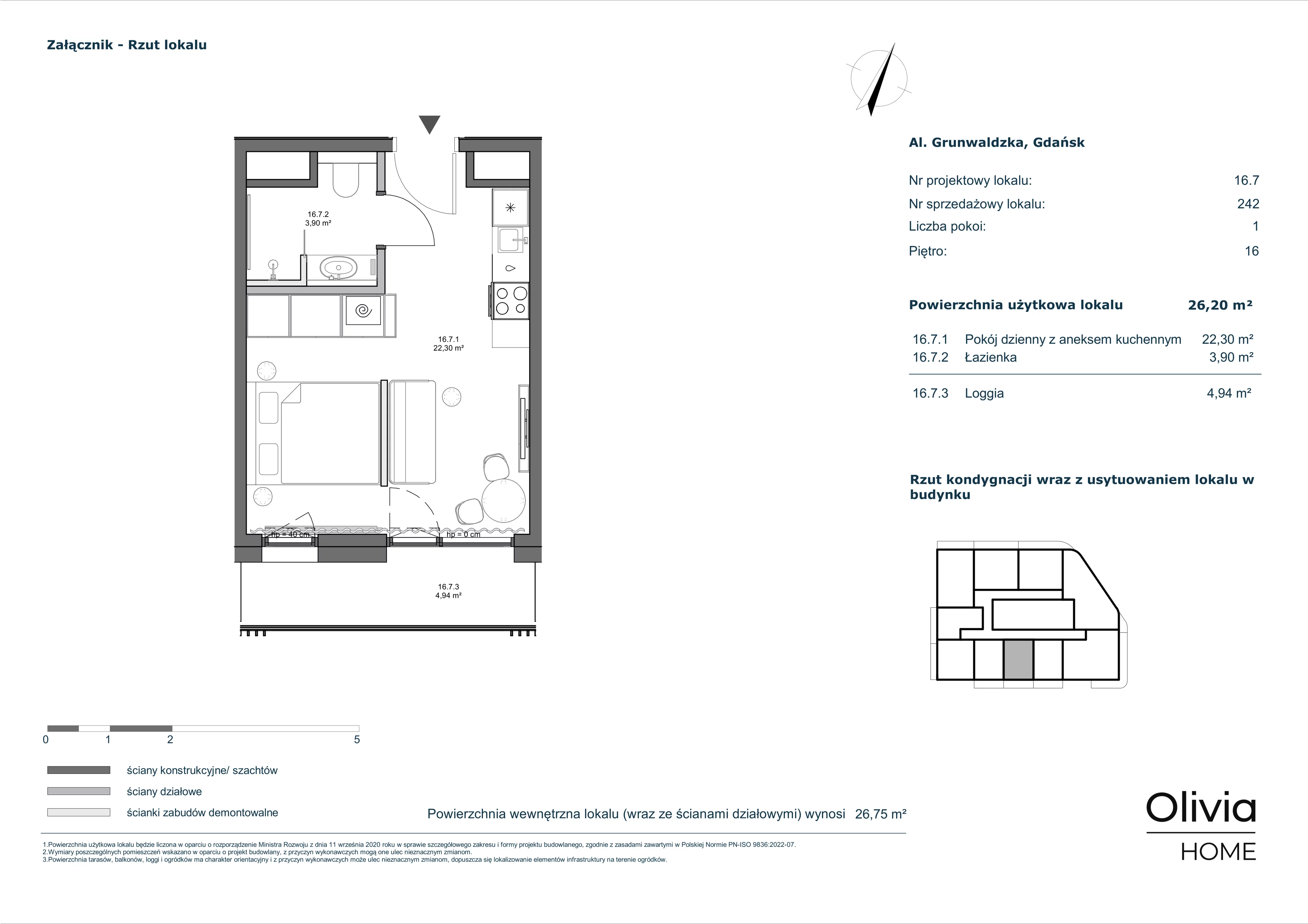 1 pokój, mieszkanie 26,20 m², piętro 16, oferta nr 16.7, Olivia Pulse, Gdańsk, Oliwa, ul. Grunwaldzka