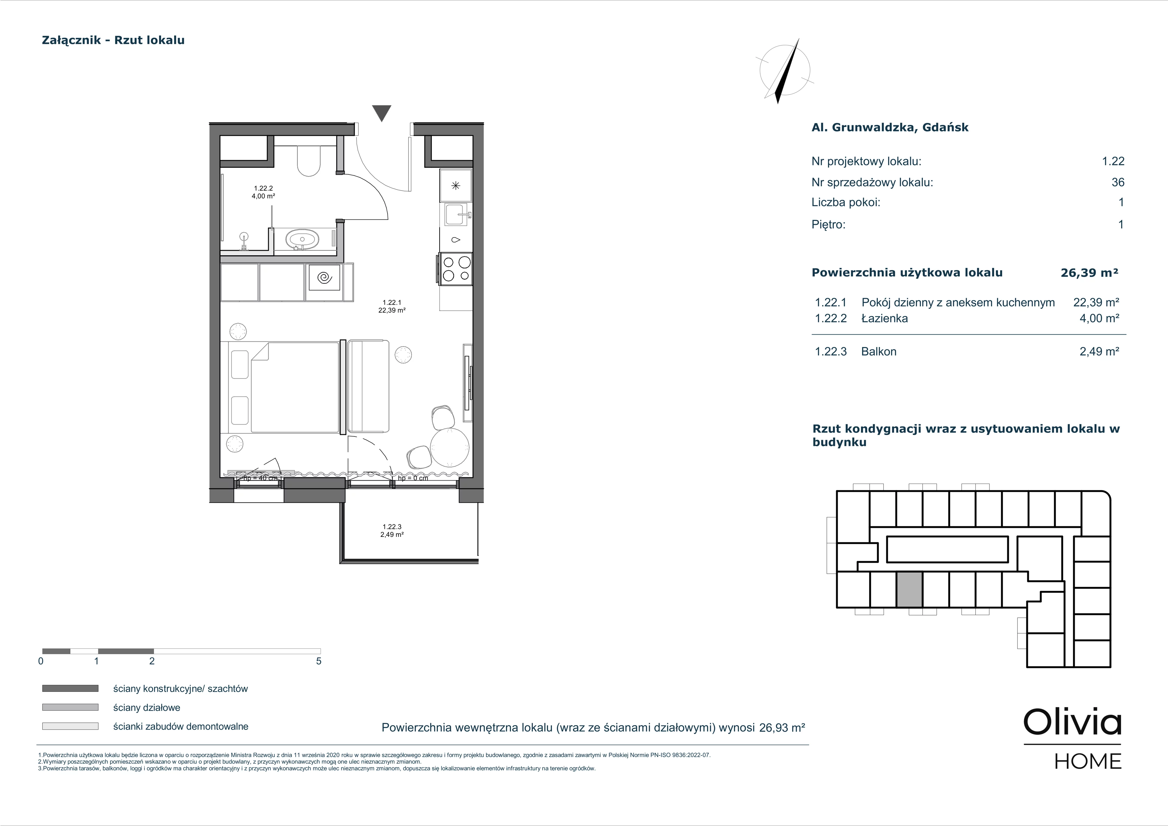 1 pokój, apartament 26,39 m², piętro 1, oferta nr 1.22, Olivia Pulse, Gdańsk, Oliwa, ul. Grunwaldzka