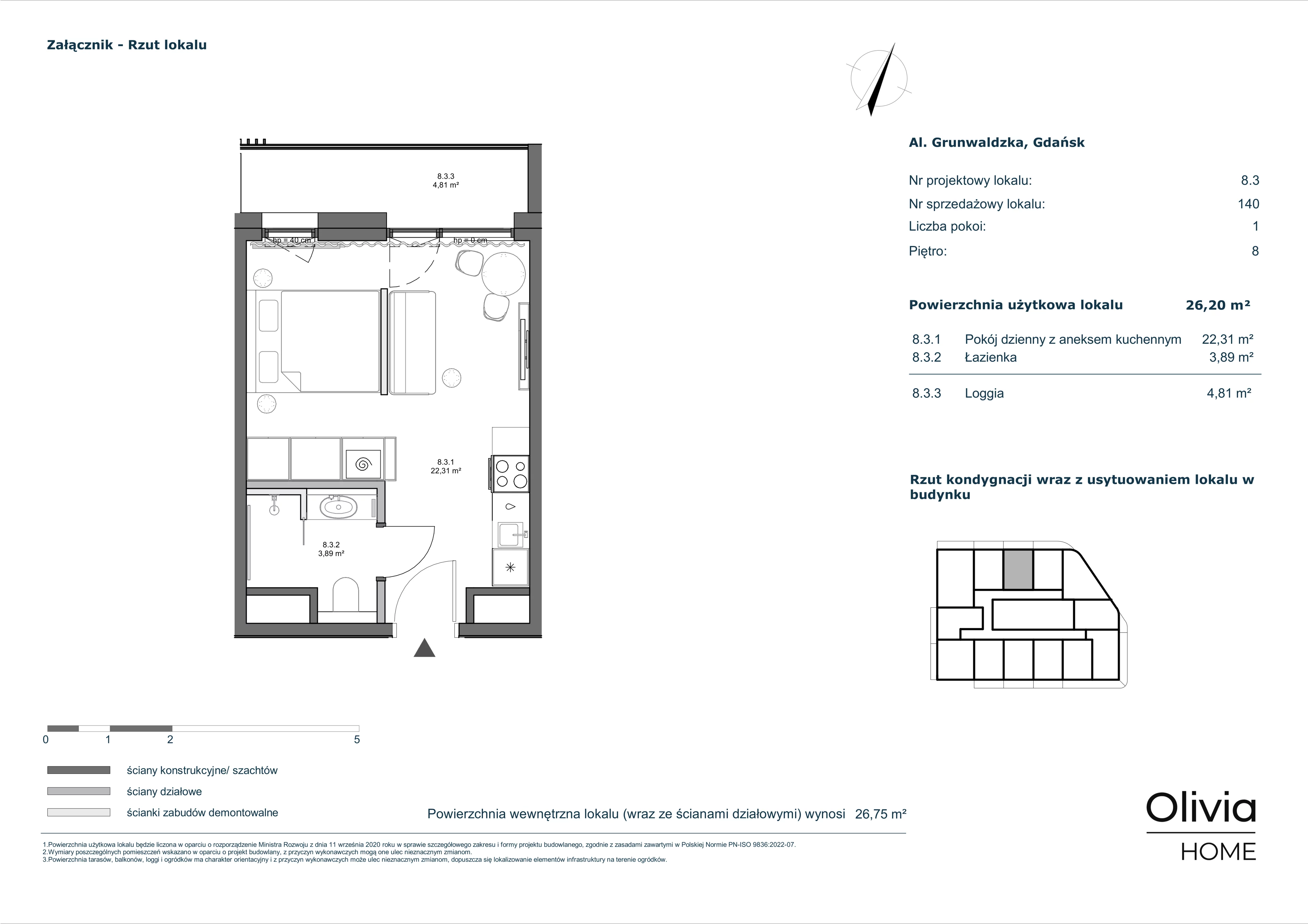 1 pokój, apartament 26,20 m², piętro 8, oferta nr 8.3, Olivia Pulse, Gdańsk, Oliwa, ul. Grunwaldzka