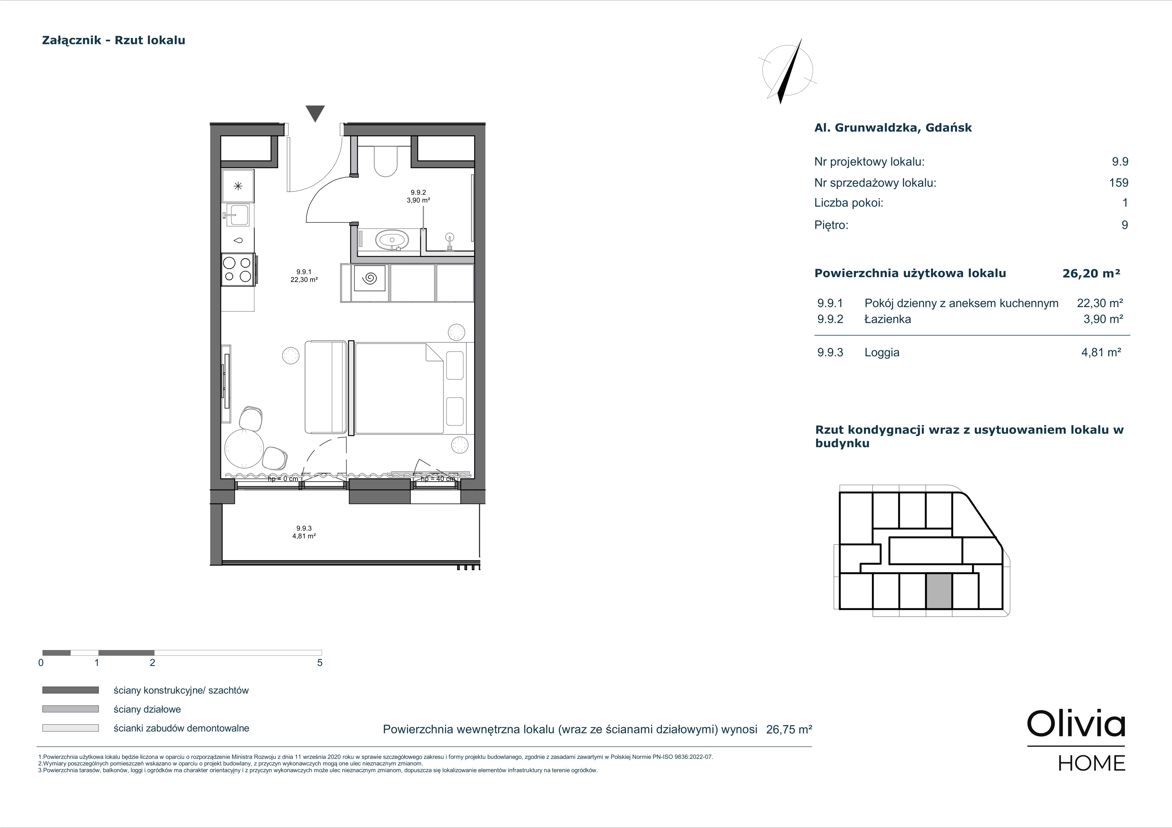 1 pokój, apartament 26,20 m², piętro 9, oferta nr 9.9, Olivia Pulse, Gdańsk, Oliwa, ul. Grunwaldzka