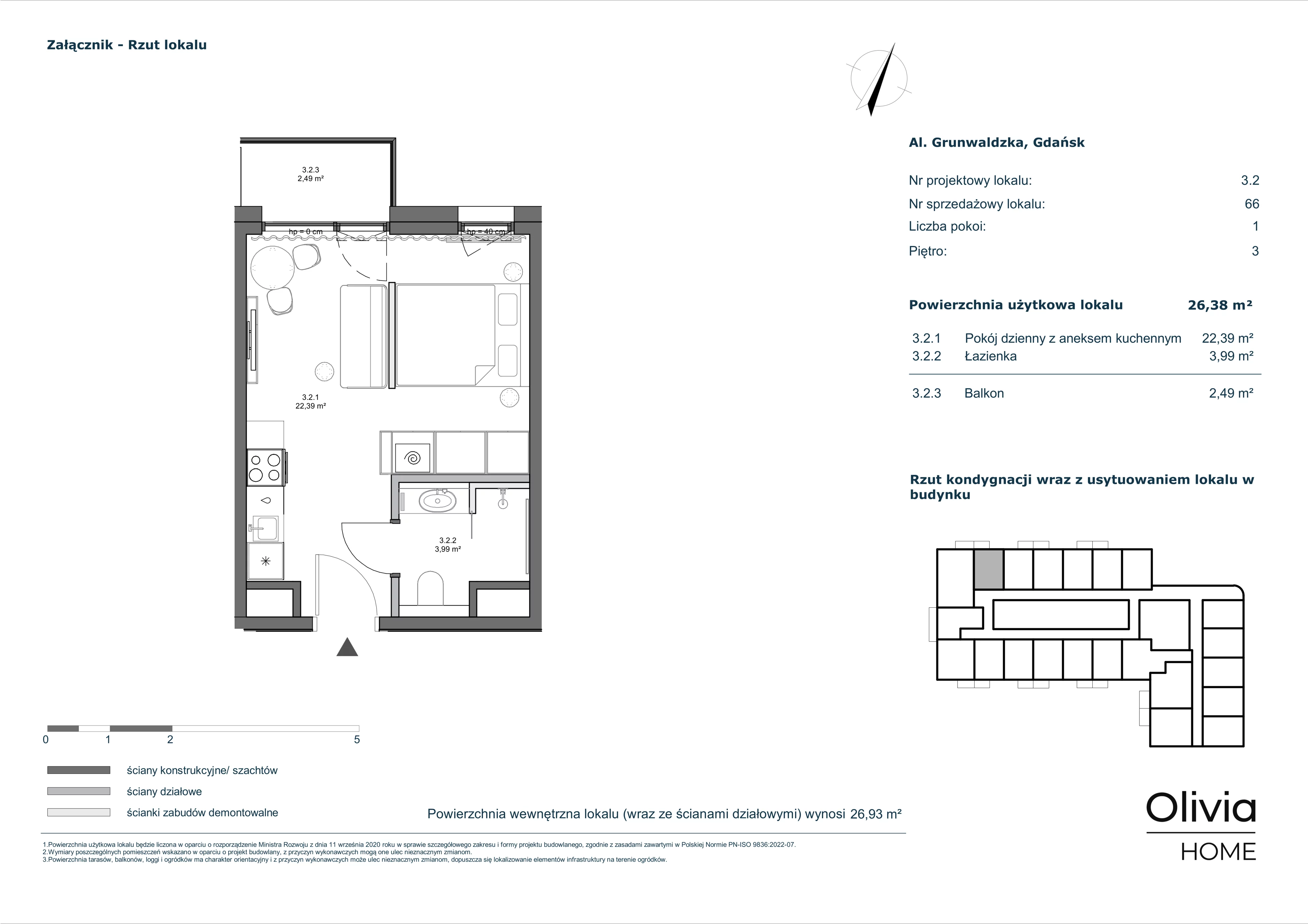 1 pokój, mieszkanie 26,38 m², piętro 3, oferta nr 3.2, Olivia Pulse, Gdańsk, Oliwa, ul. Grunwaldzka