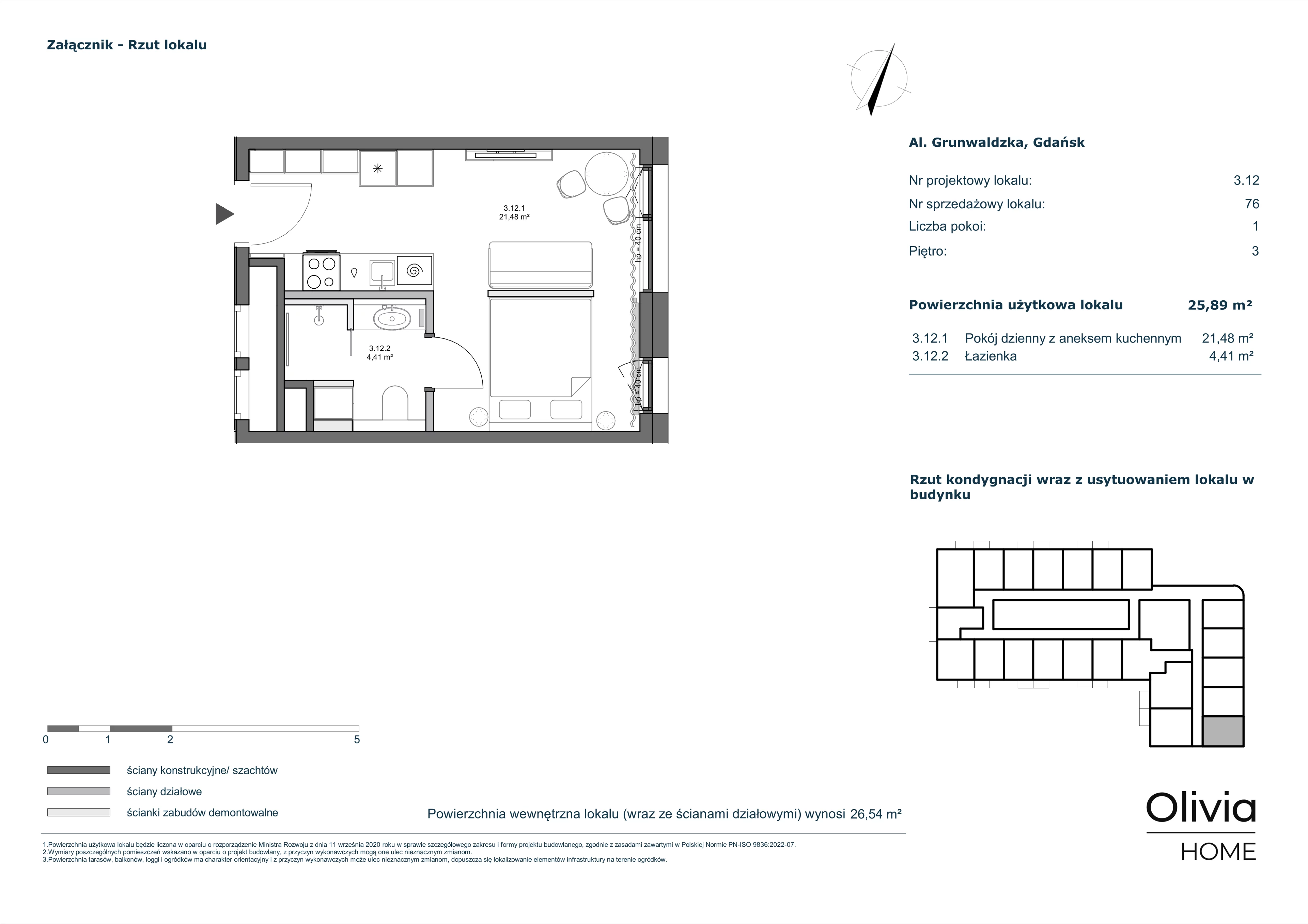 1 pokój, apartament 25,89 m², piętro 3, oferta nr 3.12, Olivia Pulse, Gdańsk, Oliwa, ul. Grunwaldzka