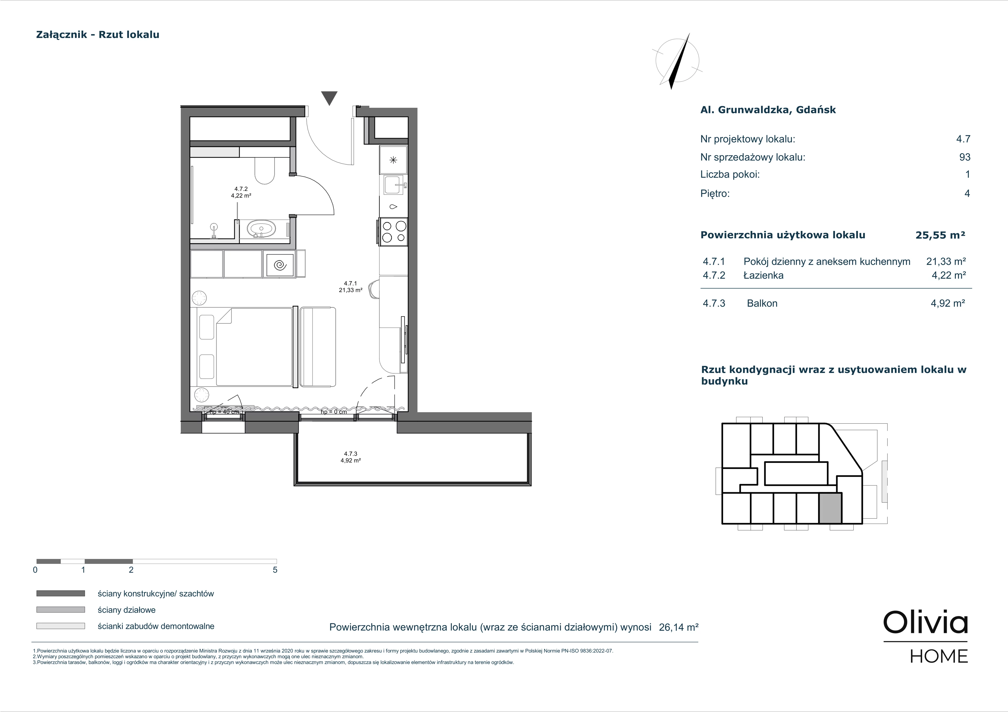 1 pokój, apartament 25,55 m², piętro 4, oferta nr 4.7, Olivia Pulse, Gdańsk, Oliwa, ul. Grunwaldzka
