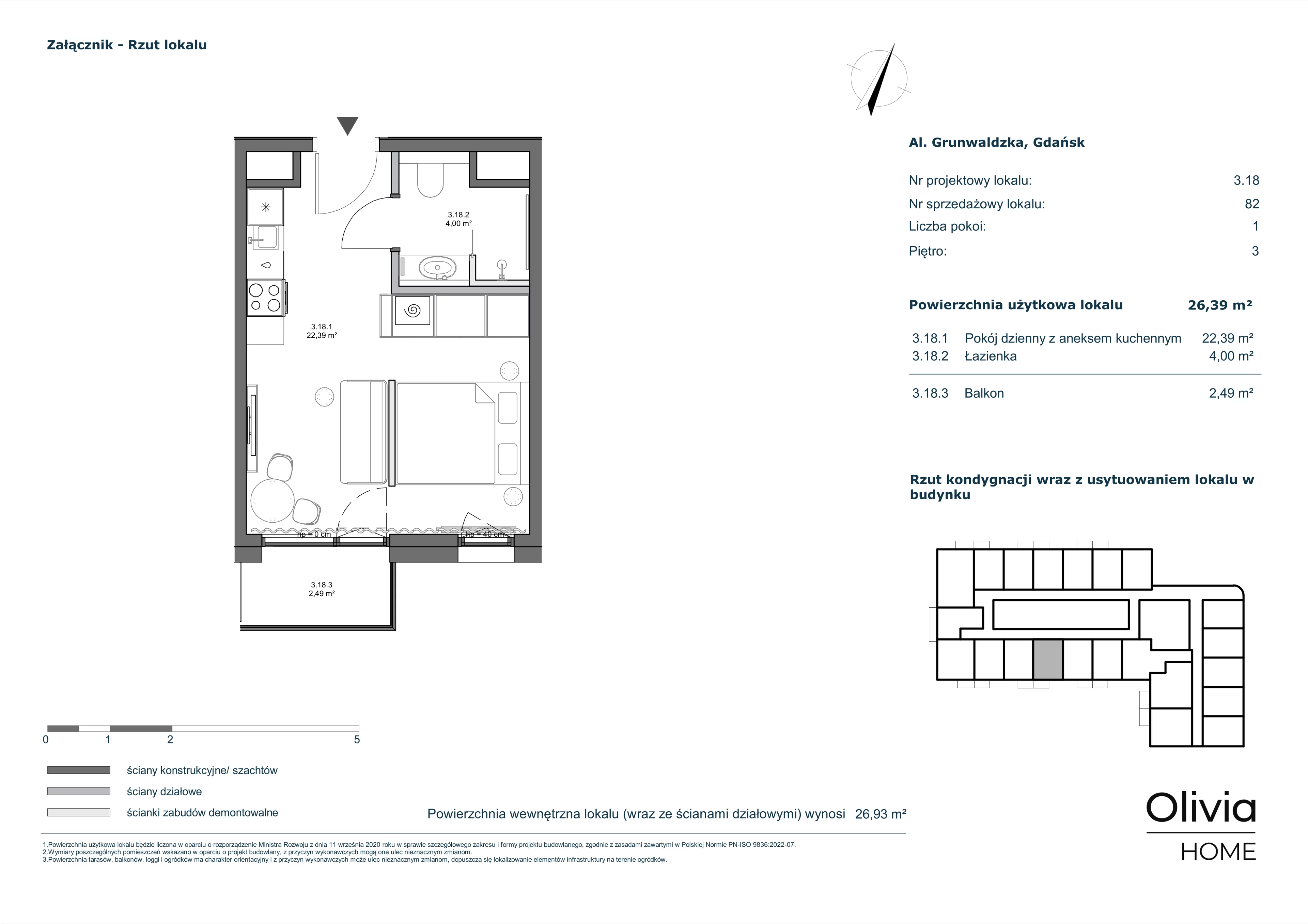 1 pokój, apartament 26,39 m², piętro 3, oferta nr 3.18, Olivia Pulse, Gdańsk, Oliwa, ul. Grunwaldzka