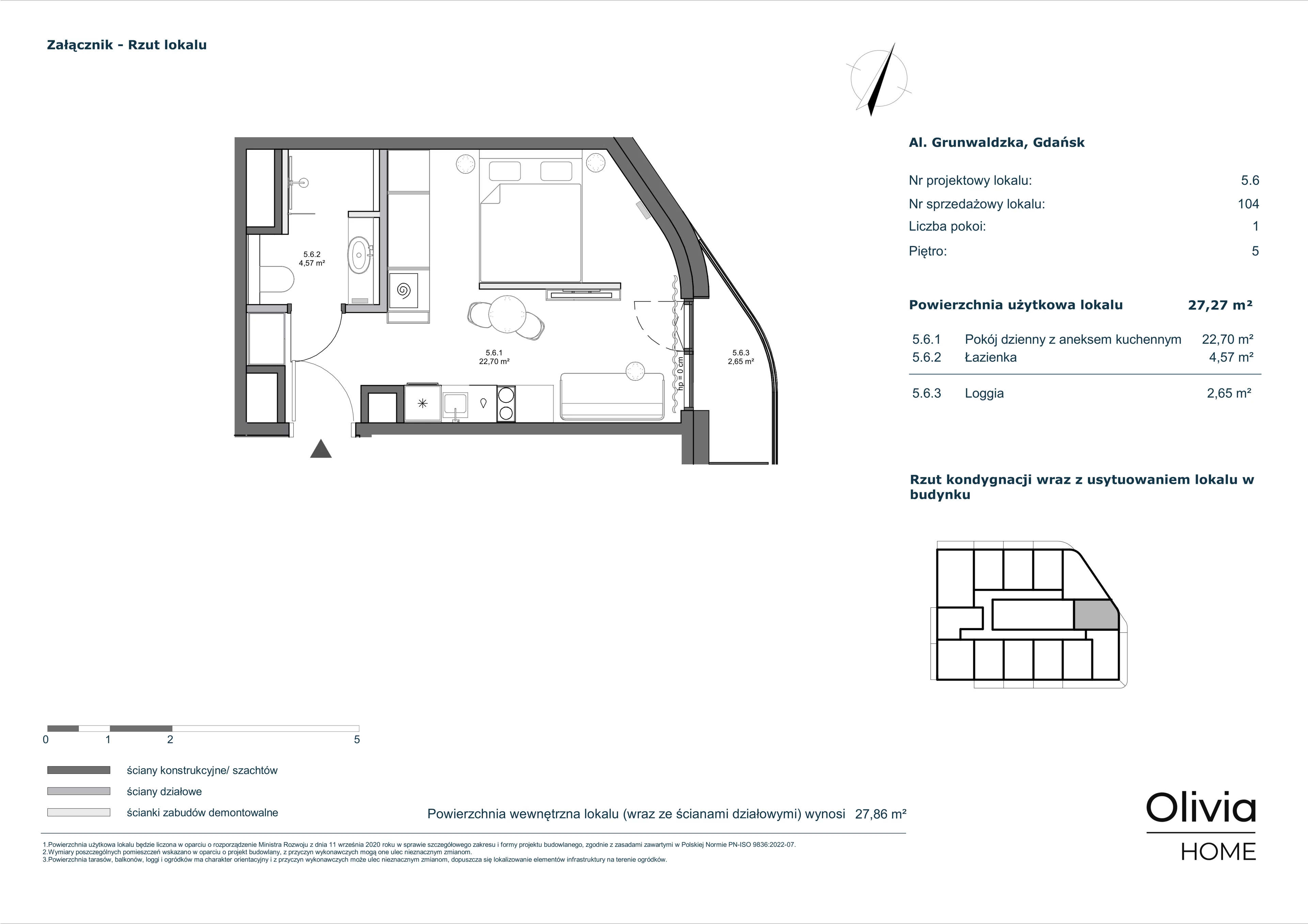 1 pokój, apartament 27,27 m², piętro 5, oferta nr 5.6, Olivia Pulse, Gdańsk, Oliwa, ul. Grunwaldzka