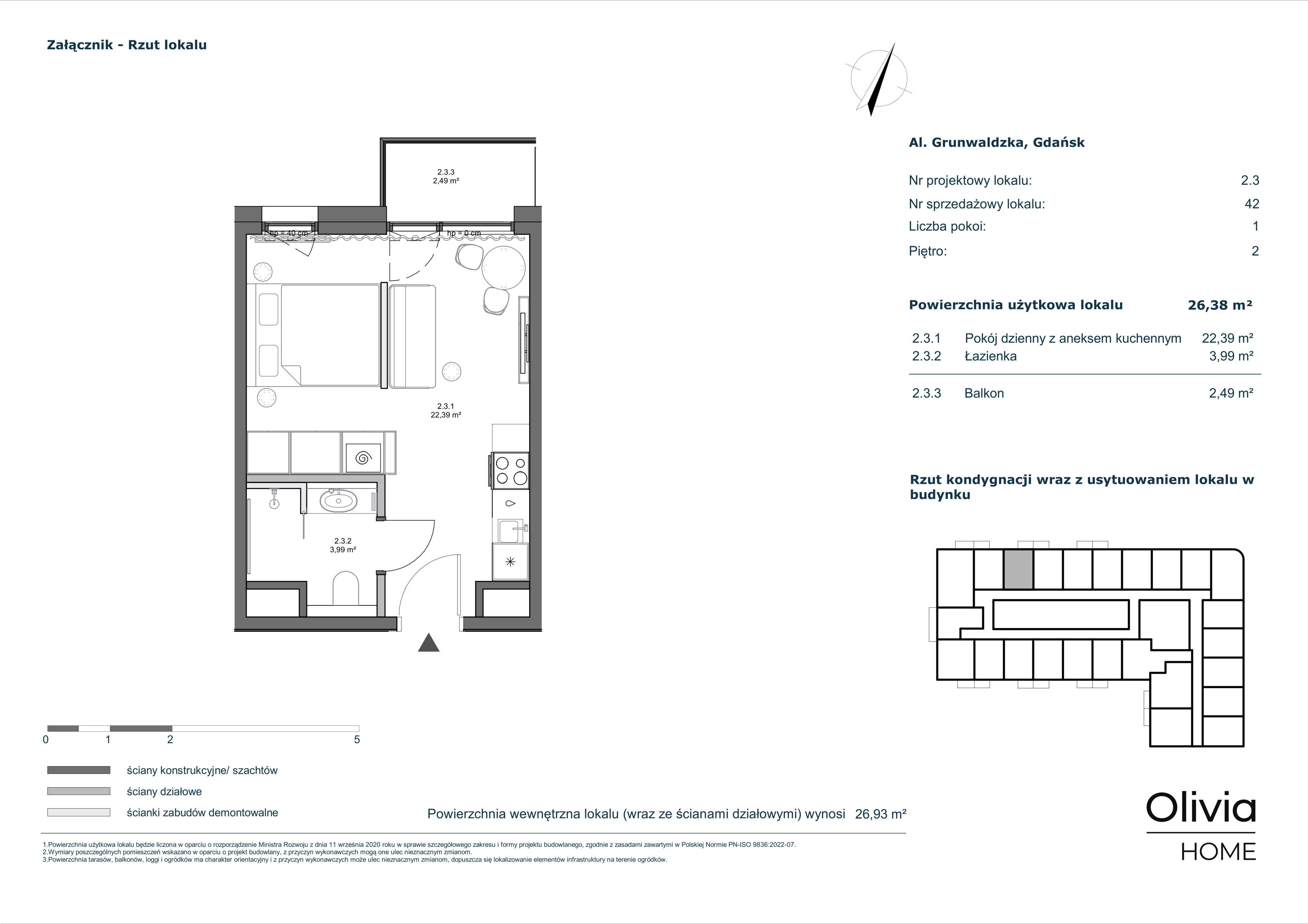 1 pokój, apartament 26,38 m², piętro 2, oferta nr 2.3, Olivia Pulse, Gdańsk, Oliwa, ul. Grunwaldzka