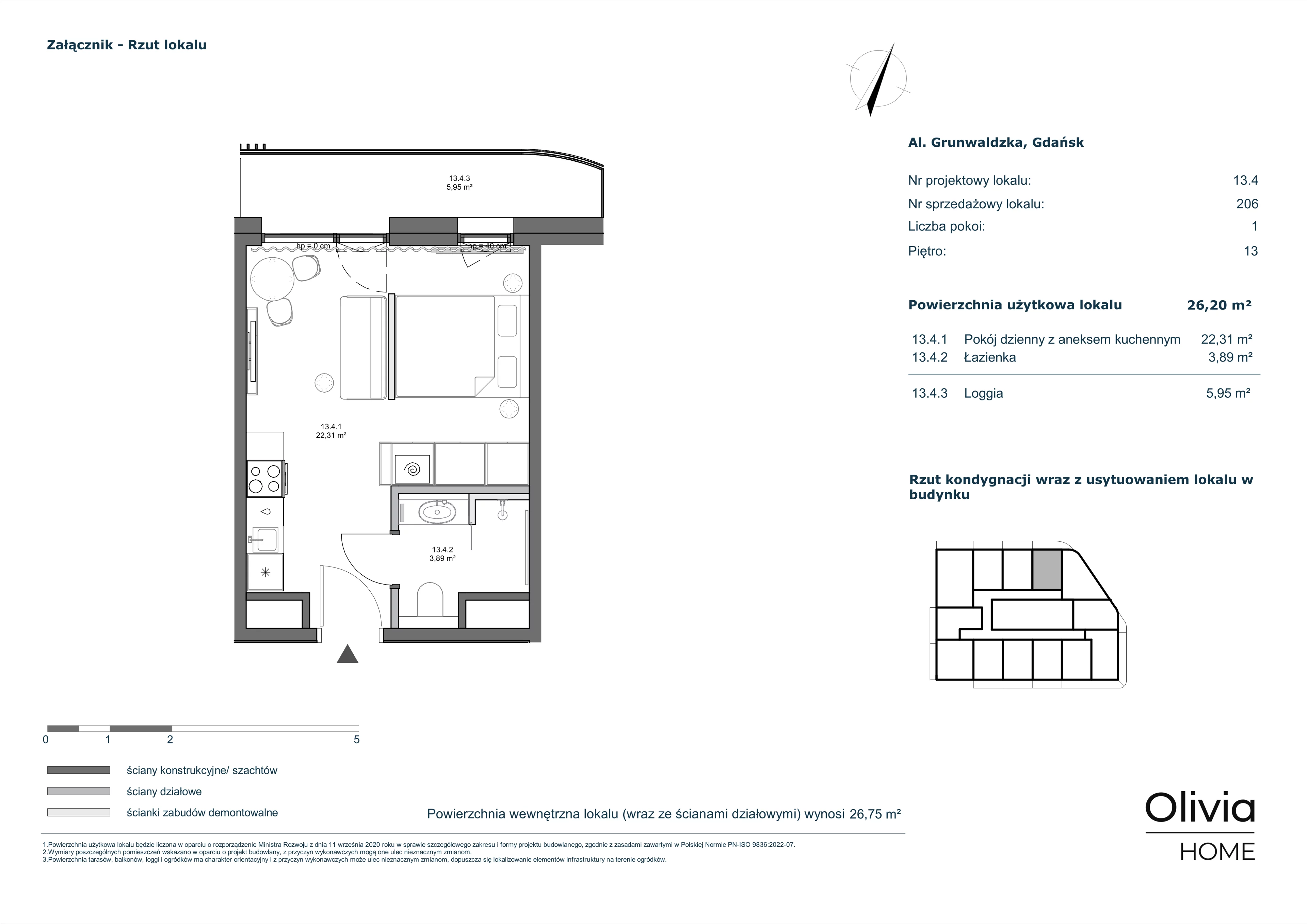 1 pokój, apartament 26,20 m², piętro 13, oferta nr 13.4, Olivia Pulse, Gdańsk, Oliwa, ul. Grunwaldzka