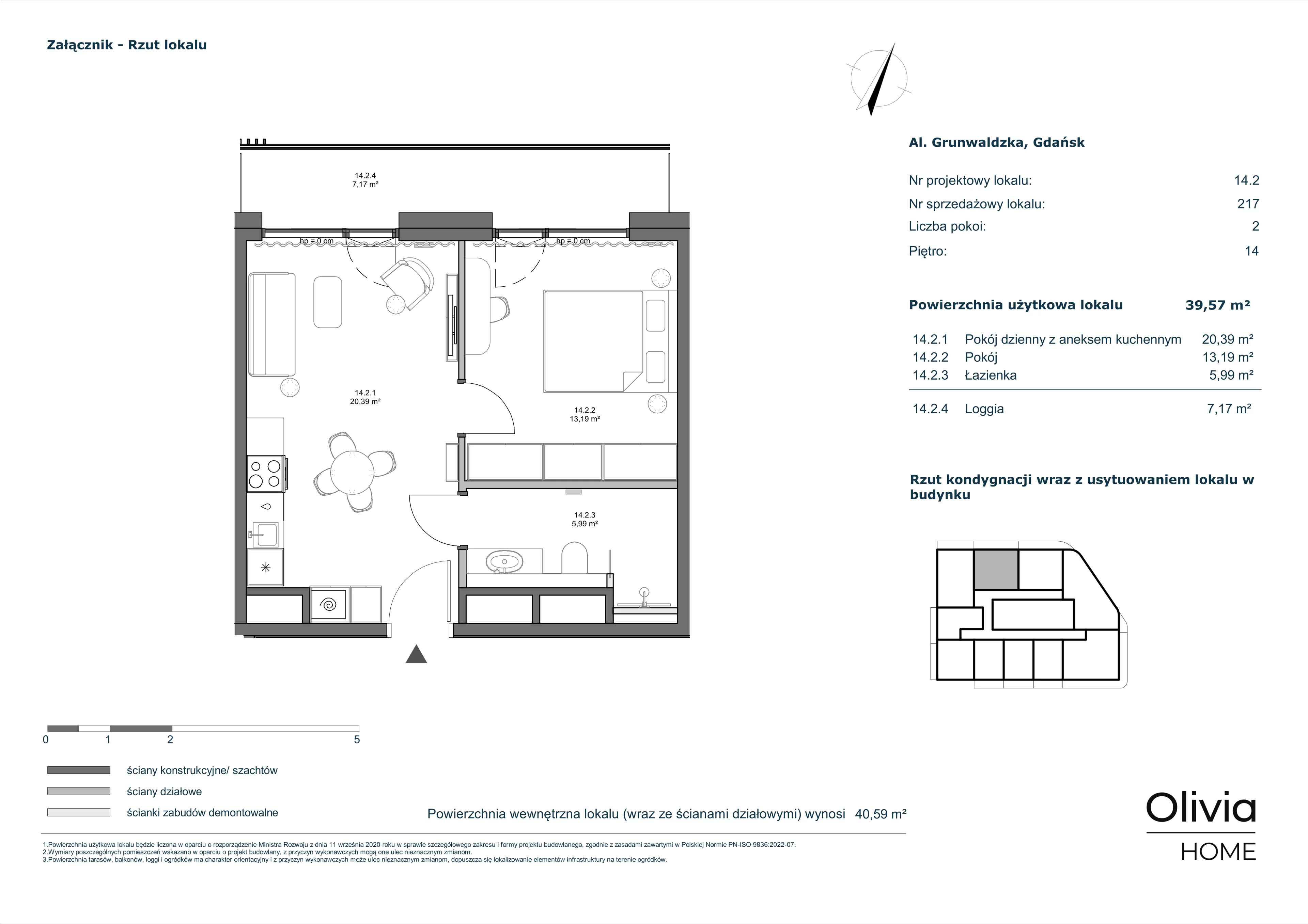 2 pokoje, mieszkanie 39,57 m², piętro 14, oferta nr 14.2, Olivia Pulse, Gdańsk, Oliwa, ul. Grunwaldzka