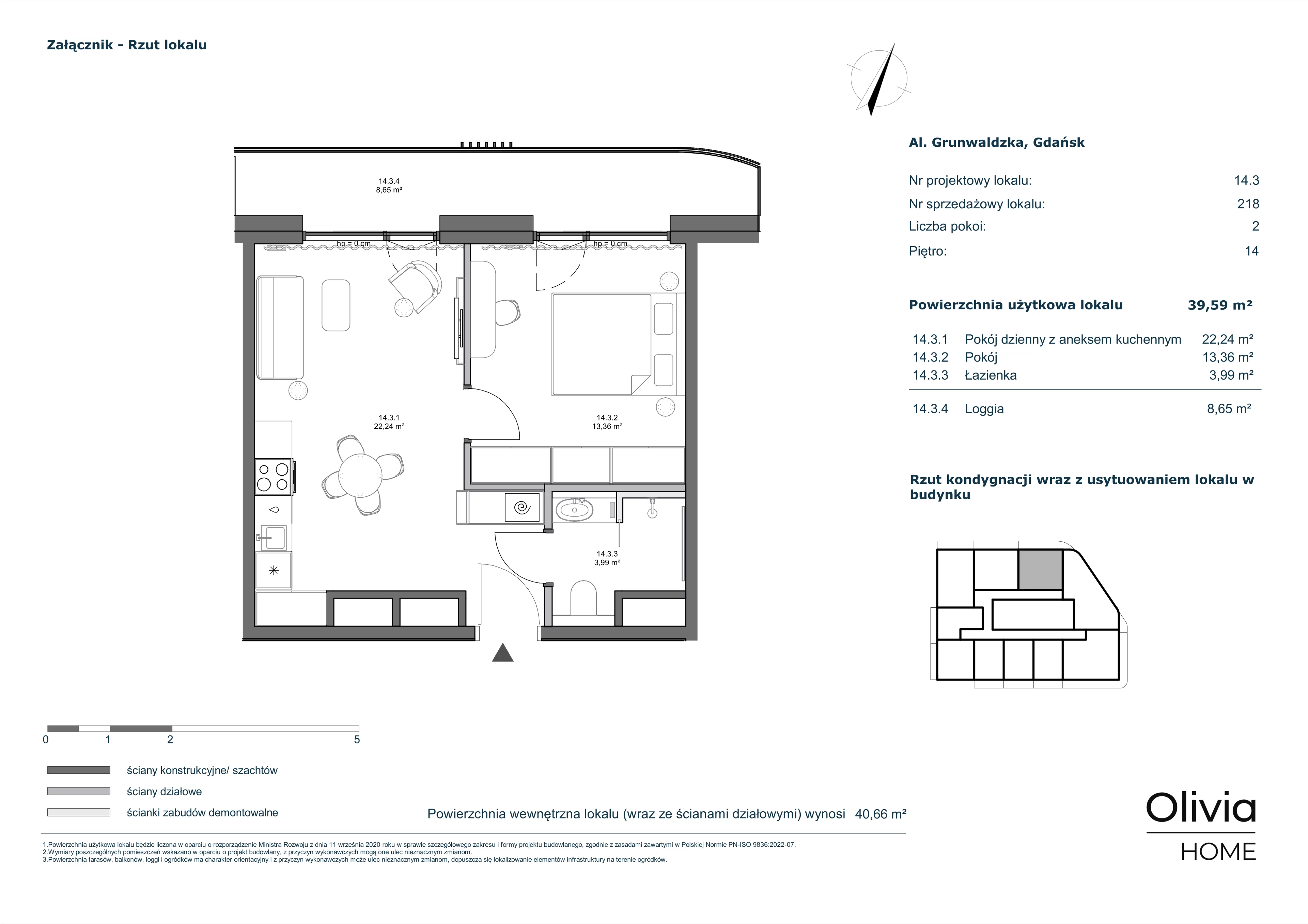 2 pokoje, mieszkanie 39,59 m², piętro 14, oferta nr 14.3, Olivia Pulse, Gdańsk, Oliwa, ul. Grunwaldzka