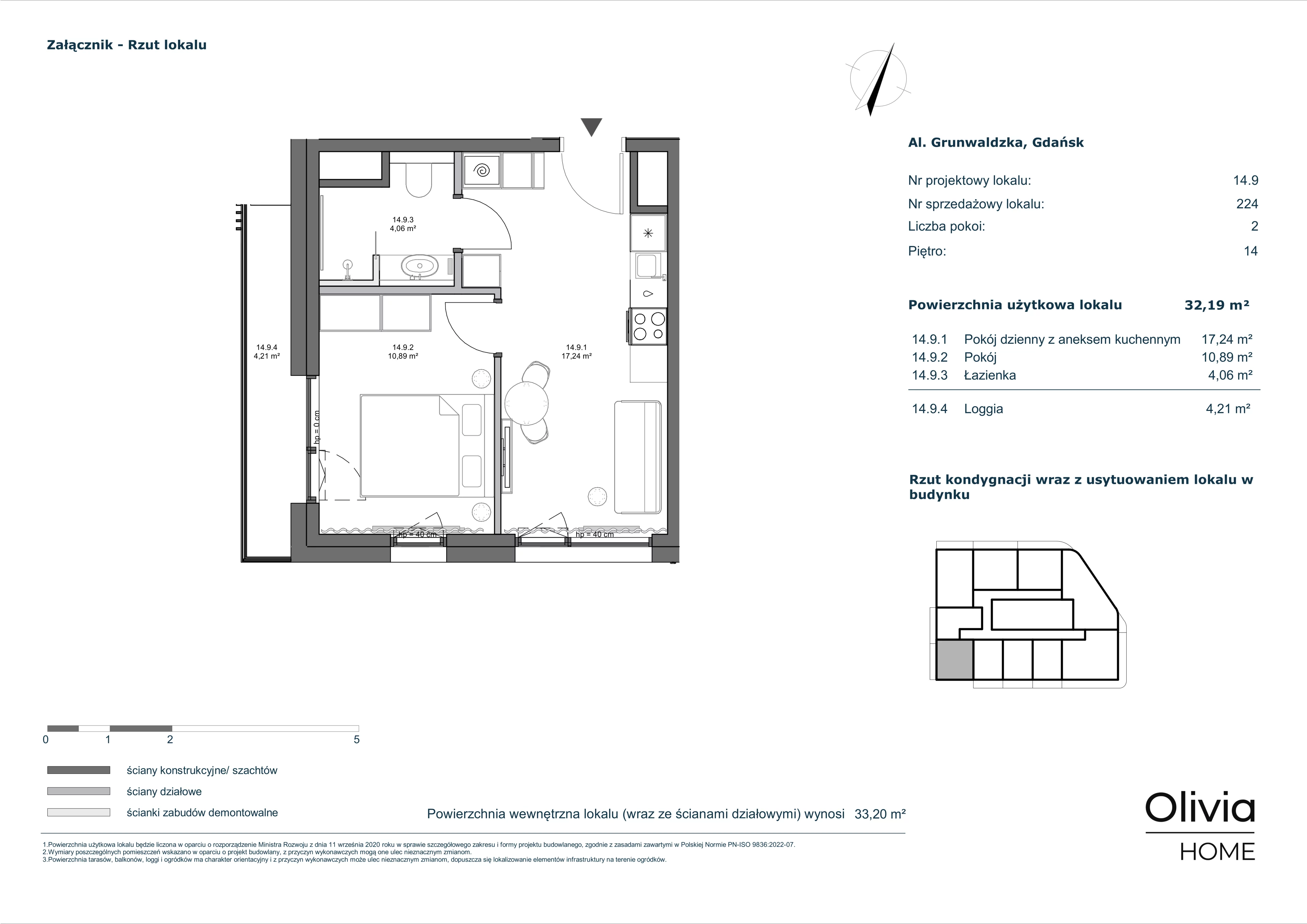 2 pokoje, mieszkanie 32,19 m², piętro 14, oferta nr 14.9, Olivia Pulse, Gdańsk, Oliwa, ul. Grunwaldzka