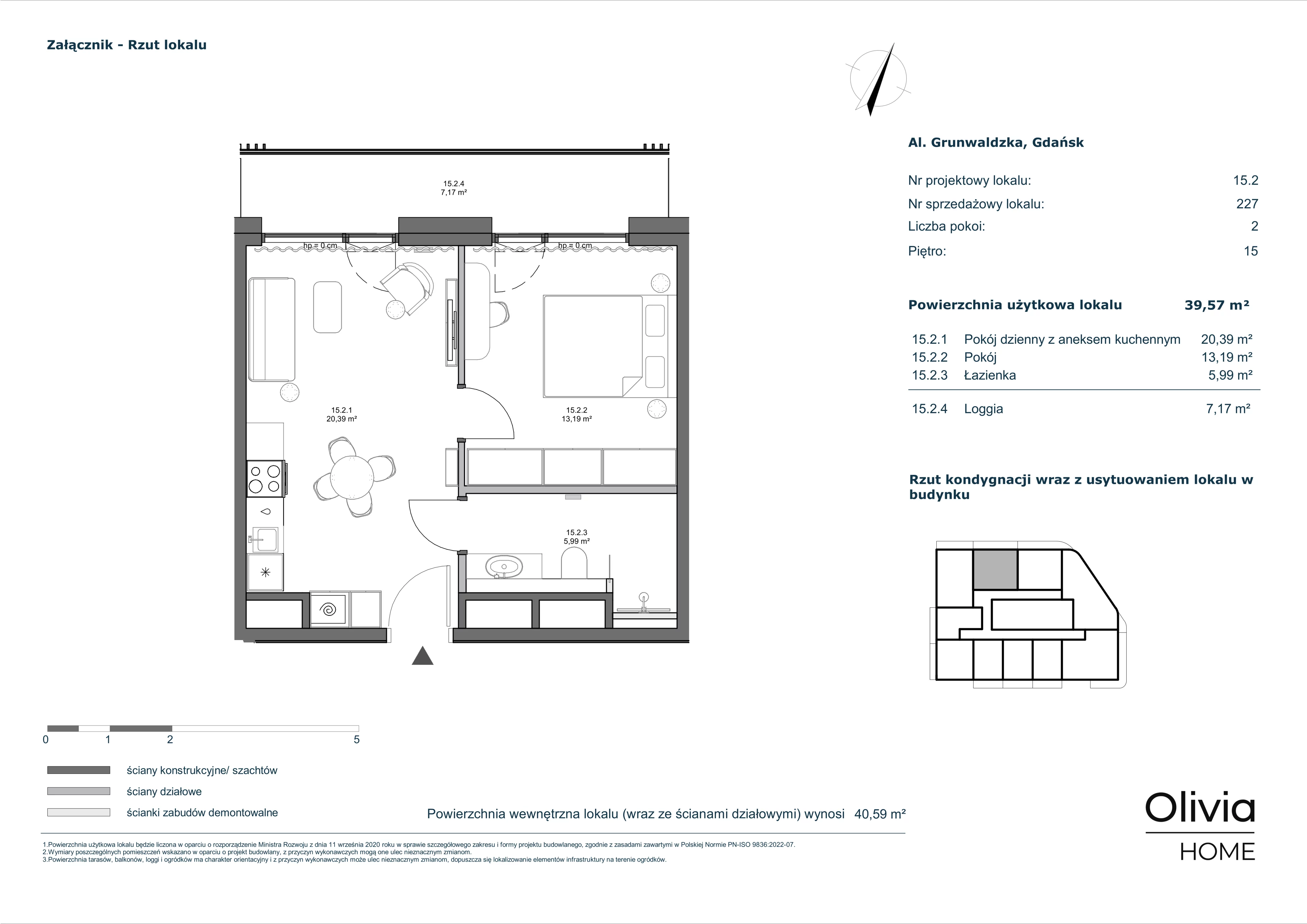 2 pokoje, mieszkanie 39,57 m², piętro 15, oferta nr 15.2, Olivia Pulse, Gdańsk, Oliwa, ul. Grunwaldzka