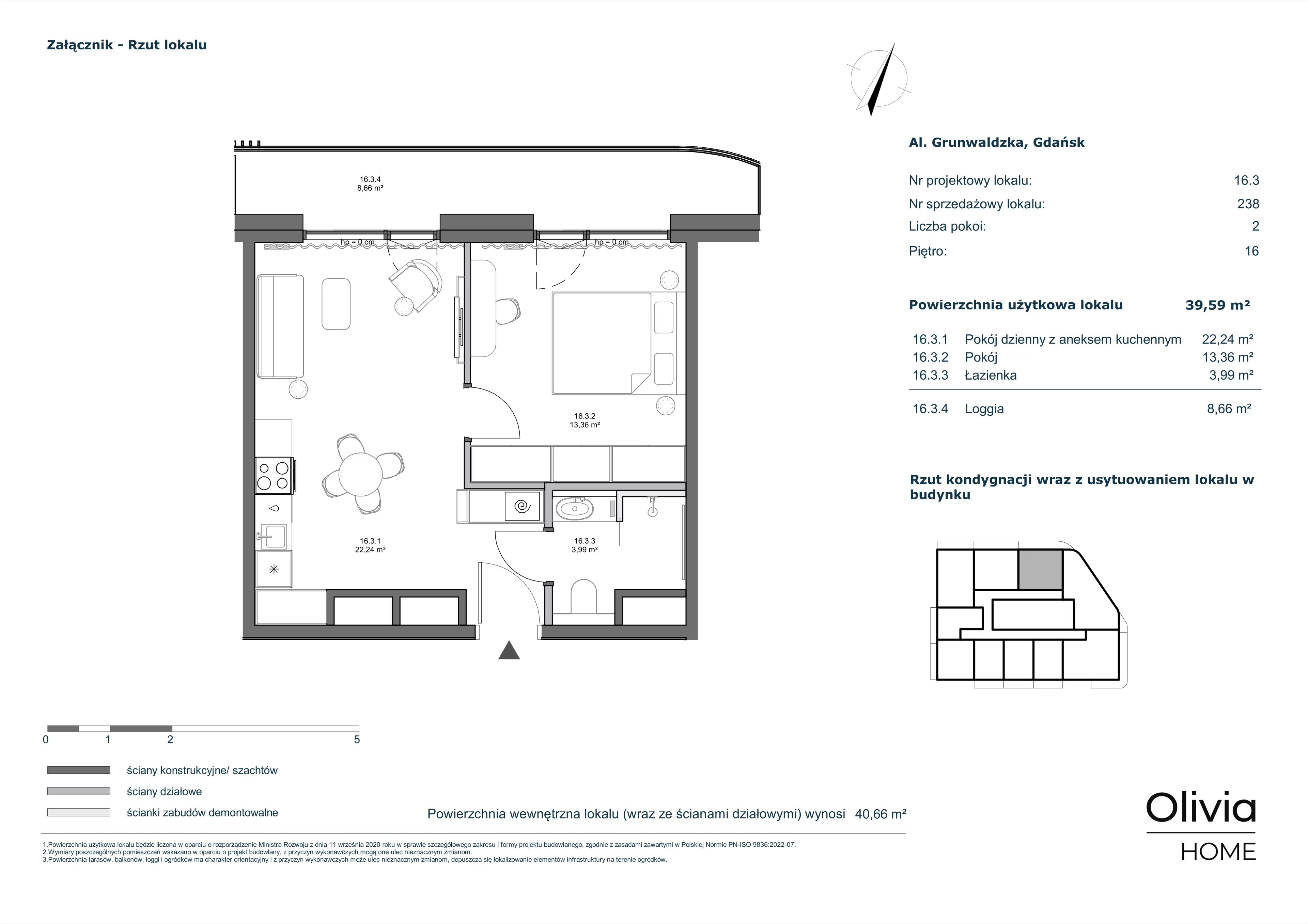 2 pokoje, mieszkanie 39,59 m², piętro 16, oferta nr 16.3, Olivia Pulse, Gdańsk, Oliwa, ul. Grunwaldzka