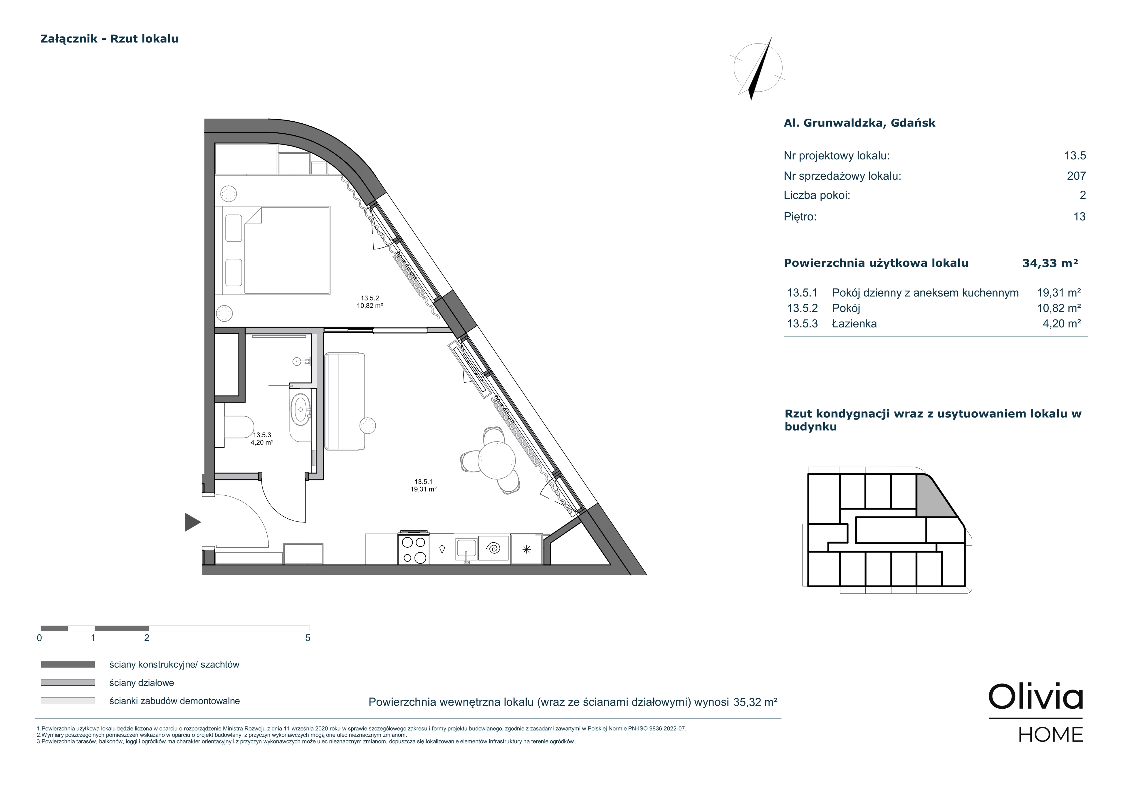 2 pokoje, apartament 34,33 m², piętro 13, oferta nr 13.5, Olivia Pulse, Gdańsk, Oliwa, ul. Grunwaldzka