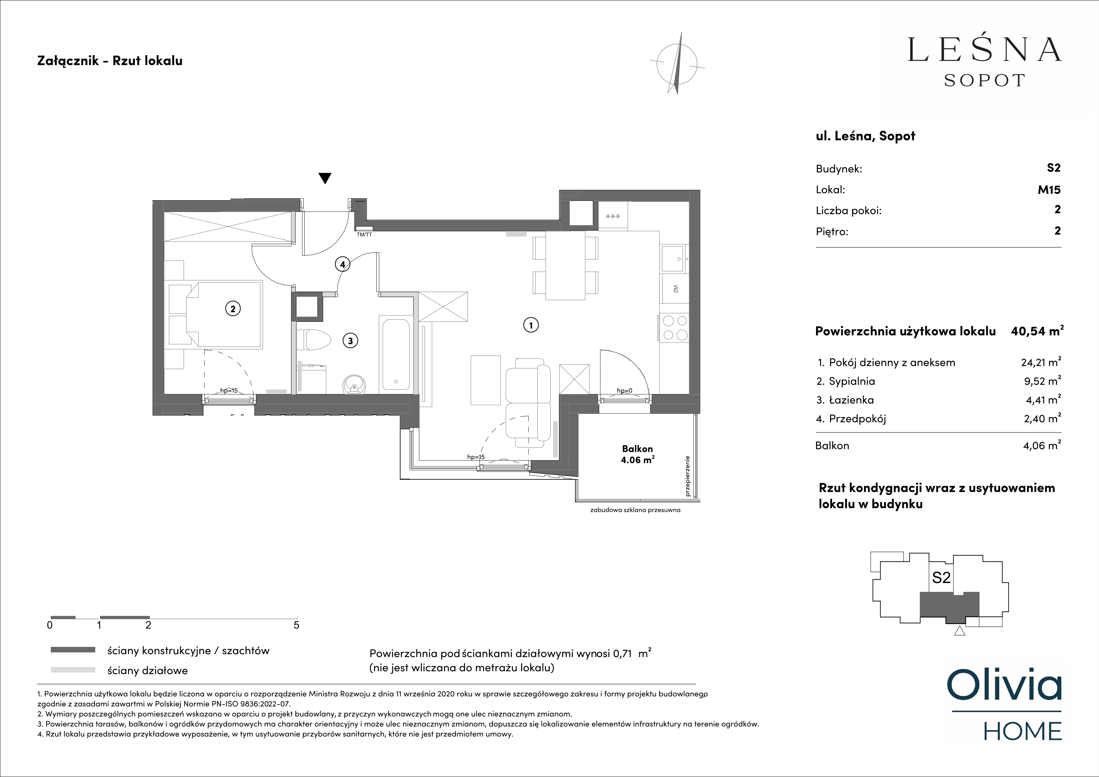 2 pokoje, mieszkanie 40,54 m², piętro 2, oferta nr s2.2.15, Leśna Sopot, Sopot, Świemirowo, ul. Leśna 13