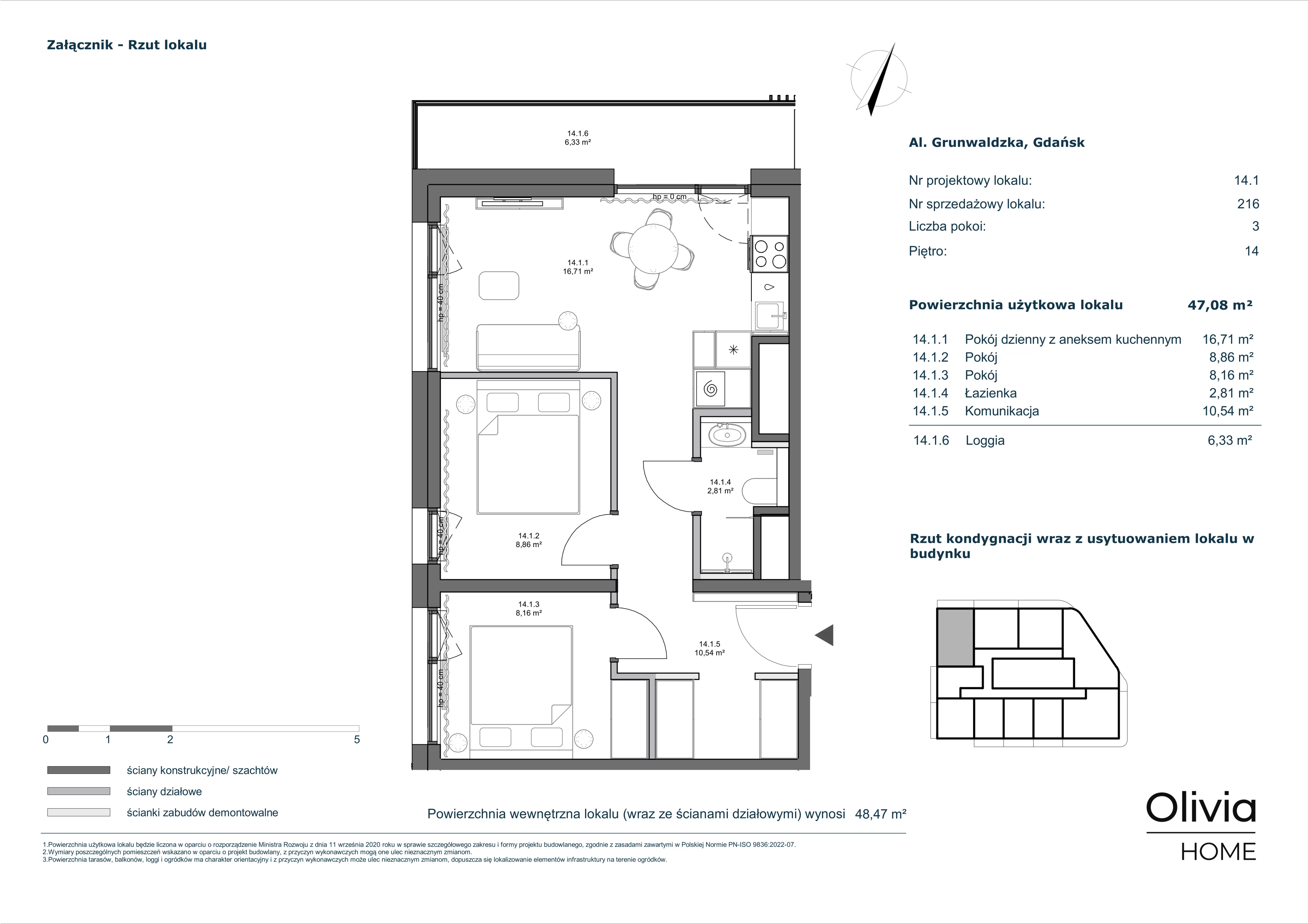 3 pokoje, mieszkanie 47,08 m², piętro 14, oferta nr 14.1, Olivia Pulse, Gdańsk, Oliwa, ul. Grunwaldzka