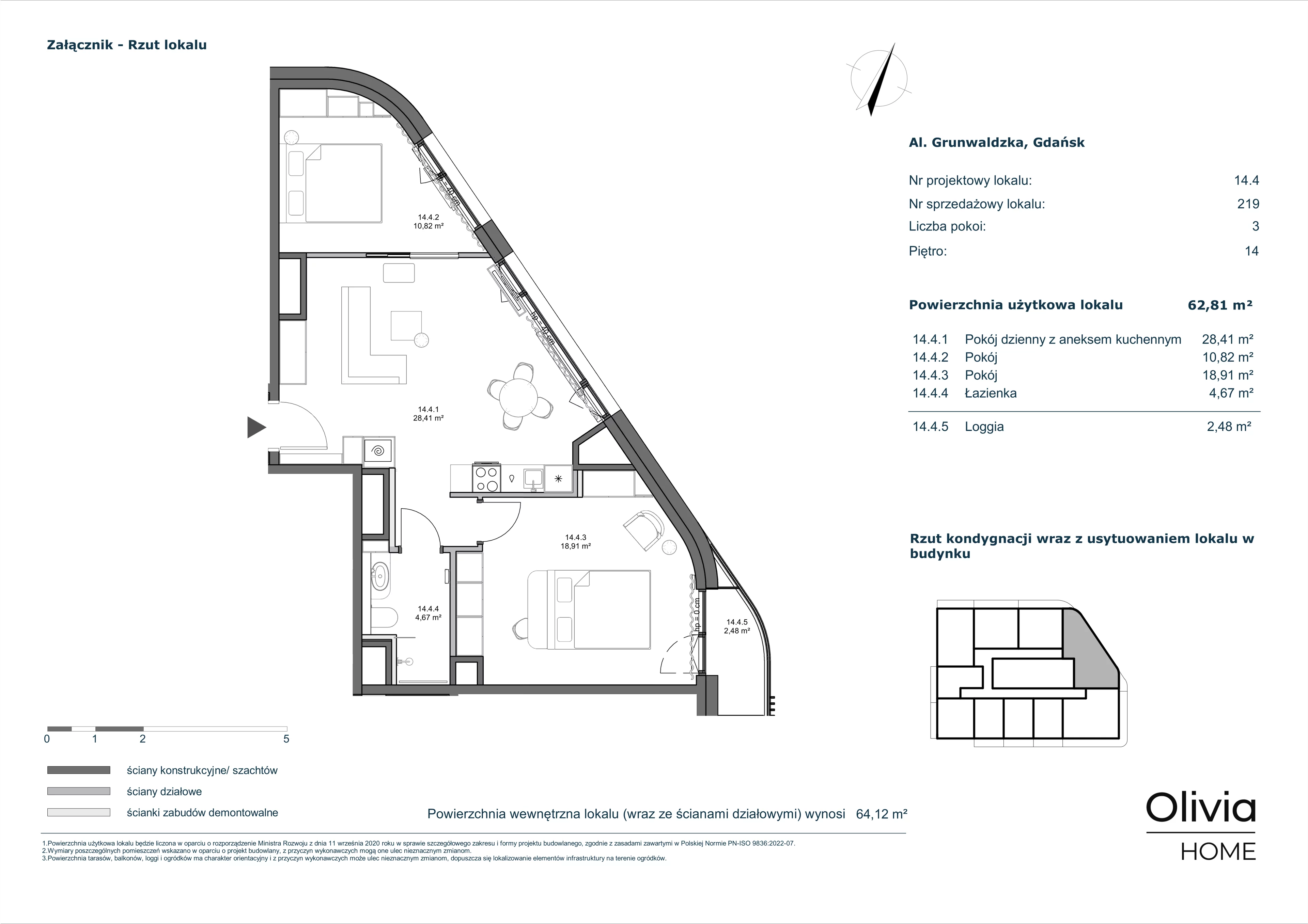 3 pokoje, mieszkanie 62,81 m², piętro 14, oferta nr 14.4, Olivia Pulse, Gdańsk, Oliwa, ul. Grunwaldzka