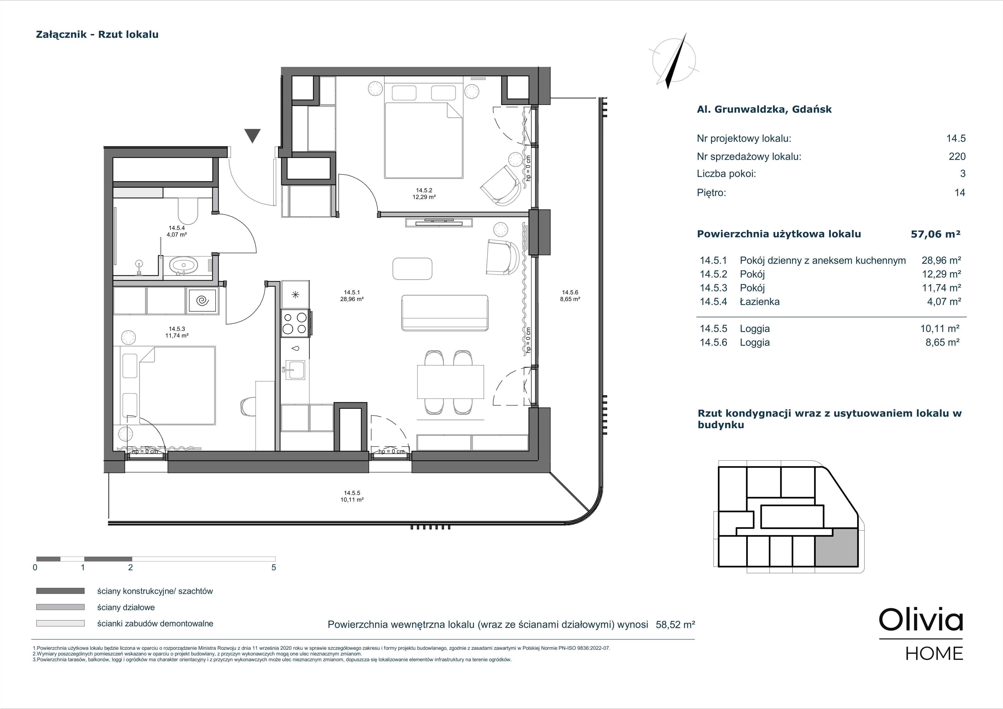 3 pokoje, mieszkanie 57,06 m², piętro 14, oferta nr 14.5, Olivia Pulse, Gdańsk, Oliwa, ul. Grunwaldzka