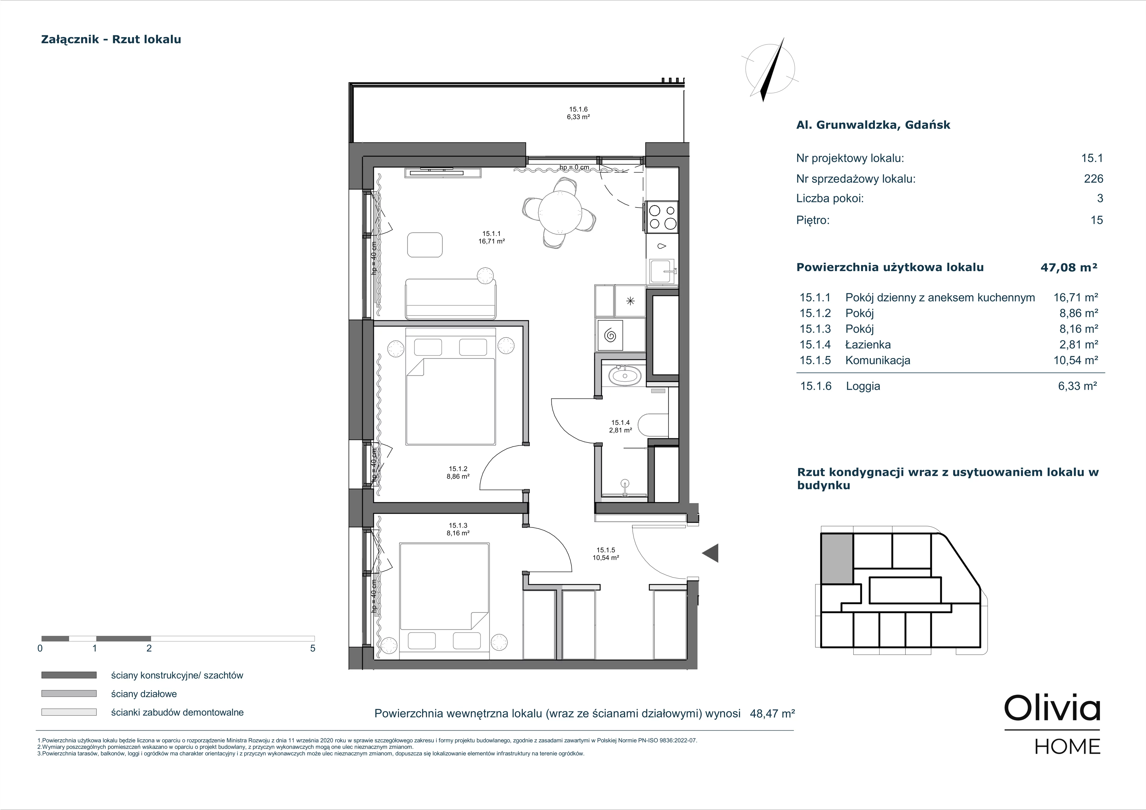 3 pokoje, mieszkanie 47,08 m², piętro 15, oferta nr 15.1, Olivia Pulse, Gdańsk, Oliwa, ul. Grunwaldzka